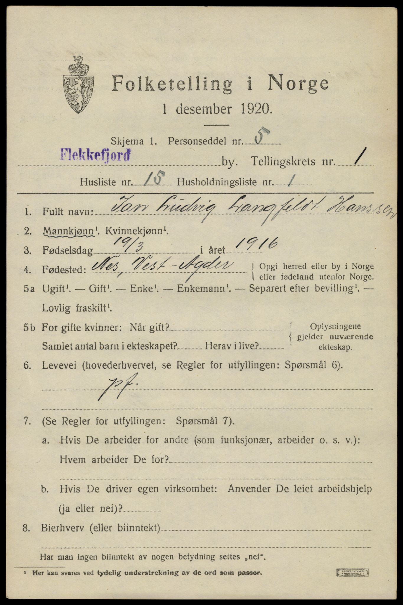 SAK, Folketelling 1920 for 1004 Flekkefjord kjøpstad, 1920, s. 2046