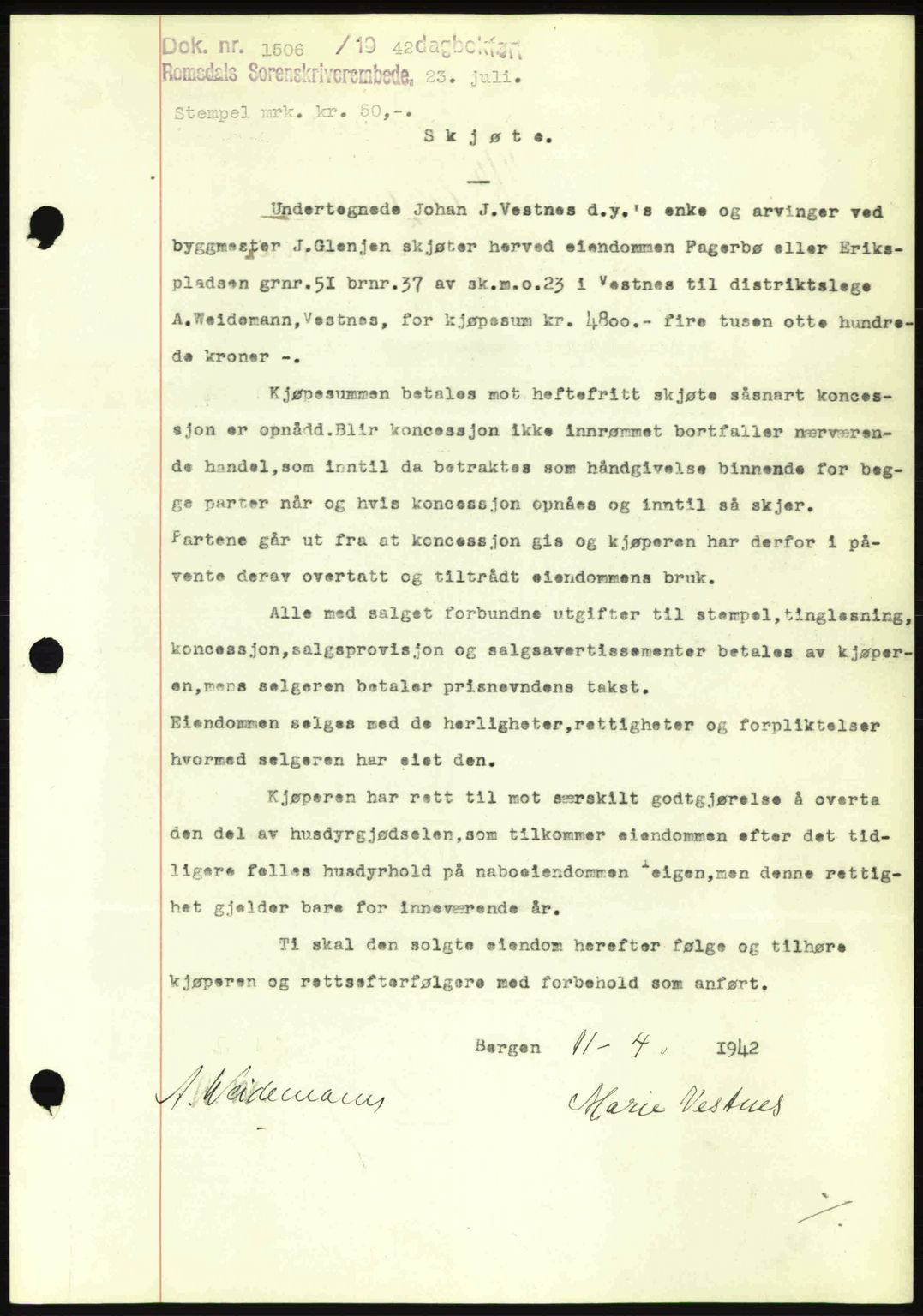 Romsdal sorenskriveri, SAT/A-4149/1/2/2C: Pantebok nr. A12, 1942-1942, Dagboknr: 1506/1942