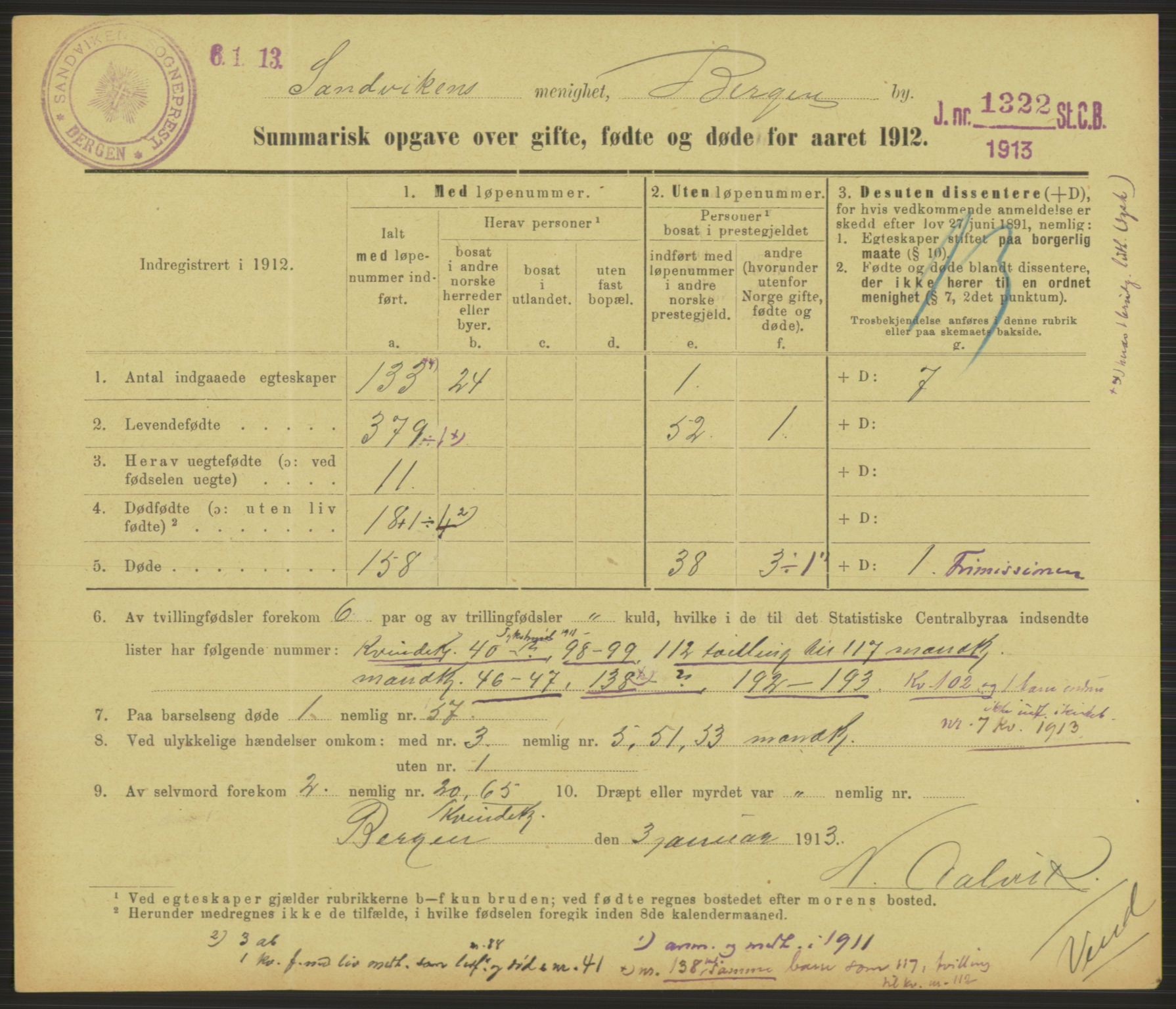 Statistisk sentralbyrå, Sosiodemografiske emner, Befolkning, RA/S-2228/D/Df/Dfb/Dfbb/L0052: Summariske oppgaver over gifte, fødte og døde for hele landet., 1912, s. 811