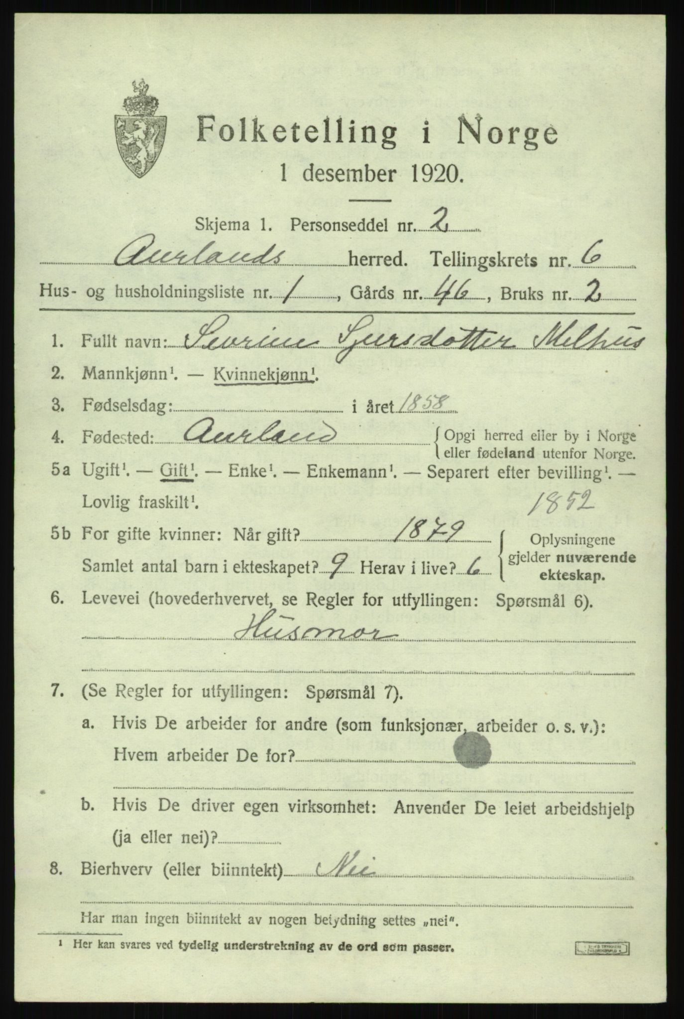 SAB, Folketelling 1920 for 1421 Aurland herred, 1920, s. 3868