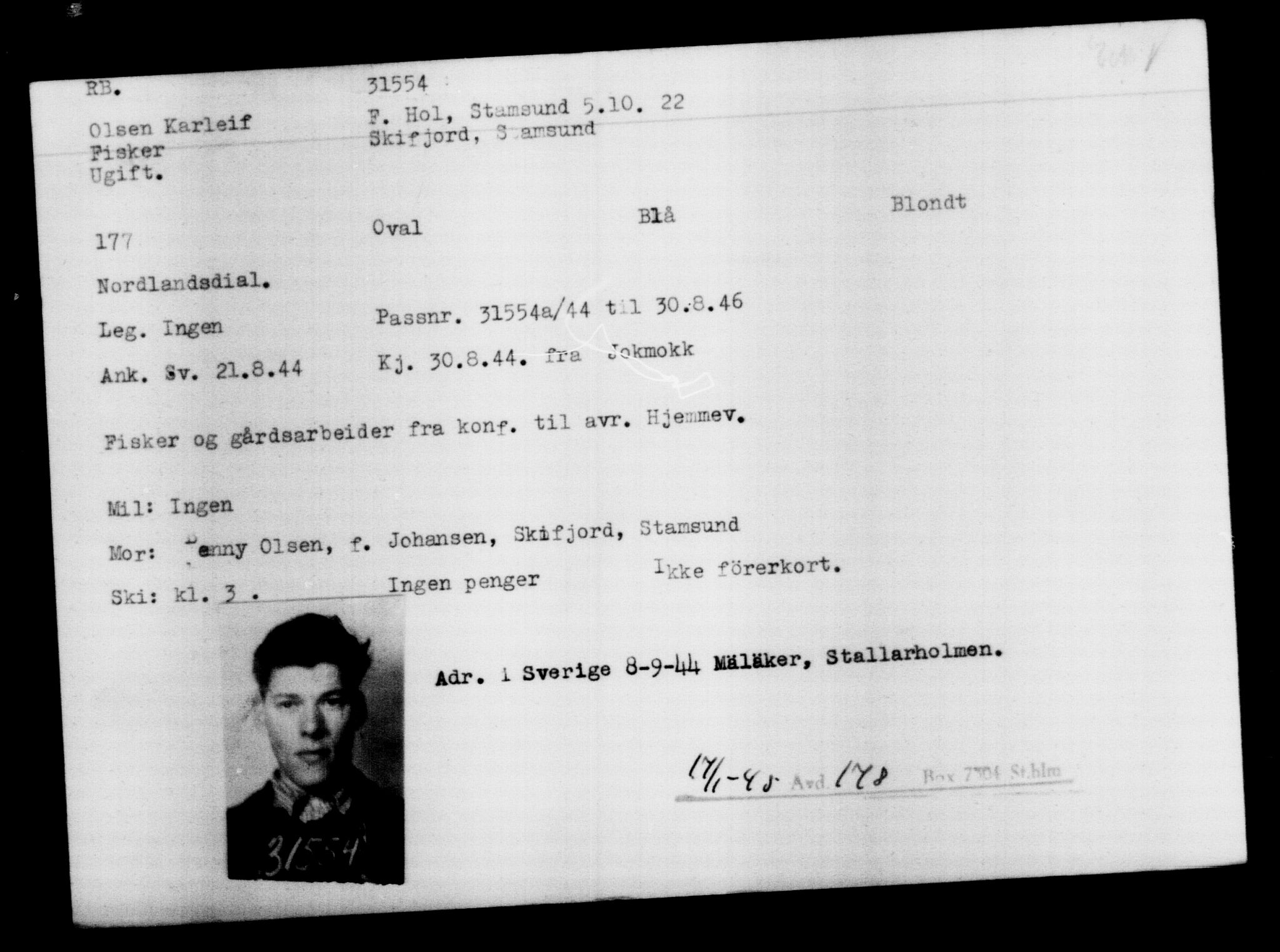 Utenriksstasjonene, Legasjonen i Stockholm, Flyktningkontoret, AV/RA-S-6753/V/Va/L0012: Kjesäterkartoteket, flyktninger med registreringsnr. 28300-31566, 1940-1945, s. 3522