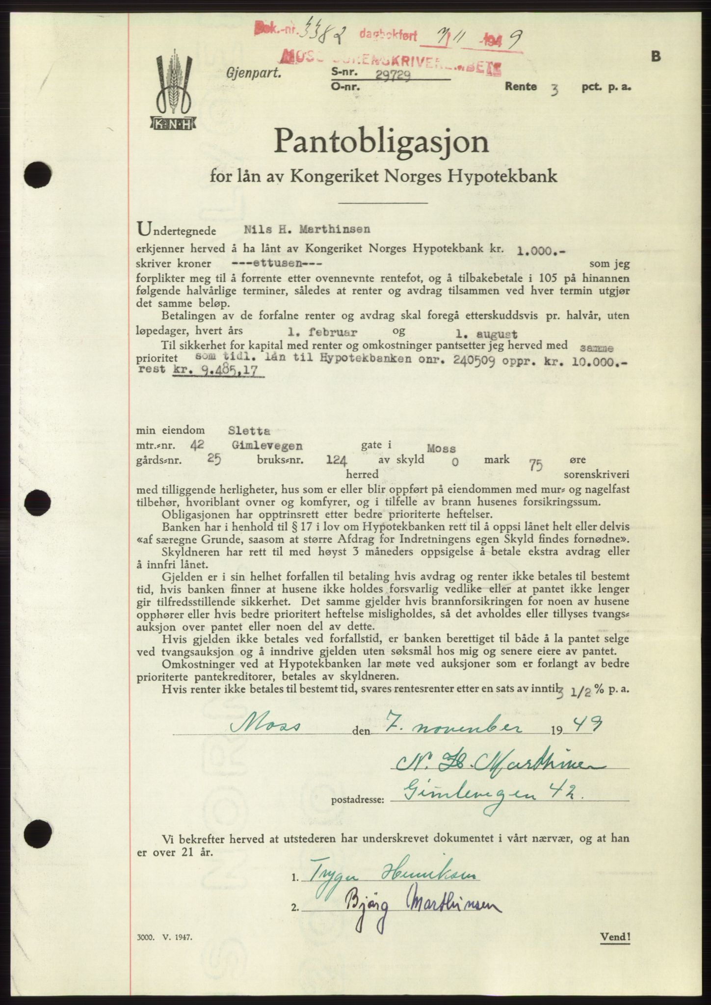 Moss sorenskriveri, SAO/A-10168: Pantebok nr. B23, 1949-1950, Dagboknr: 3382/1949
