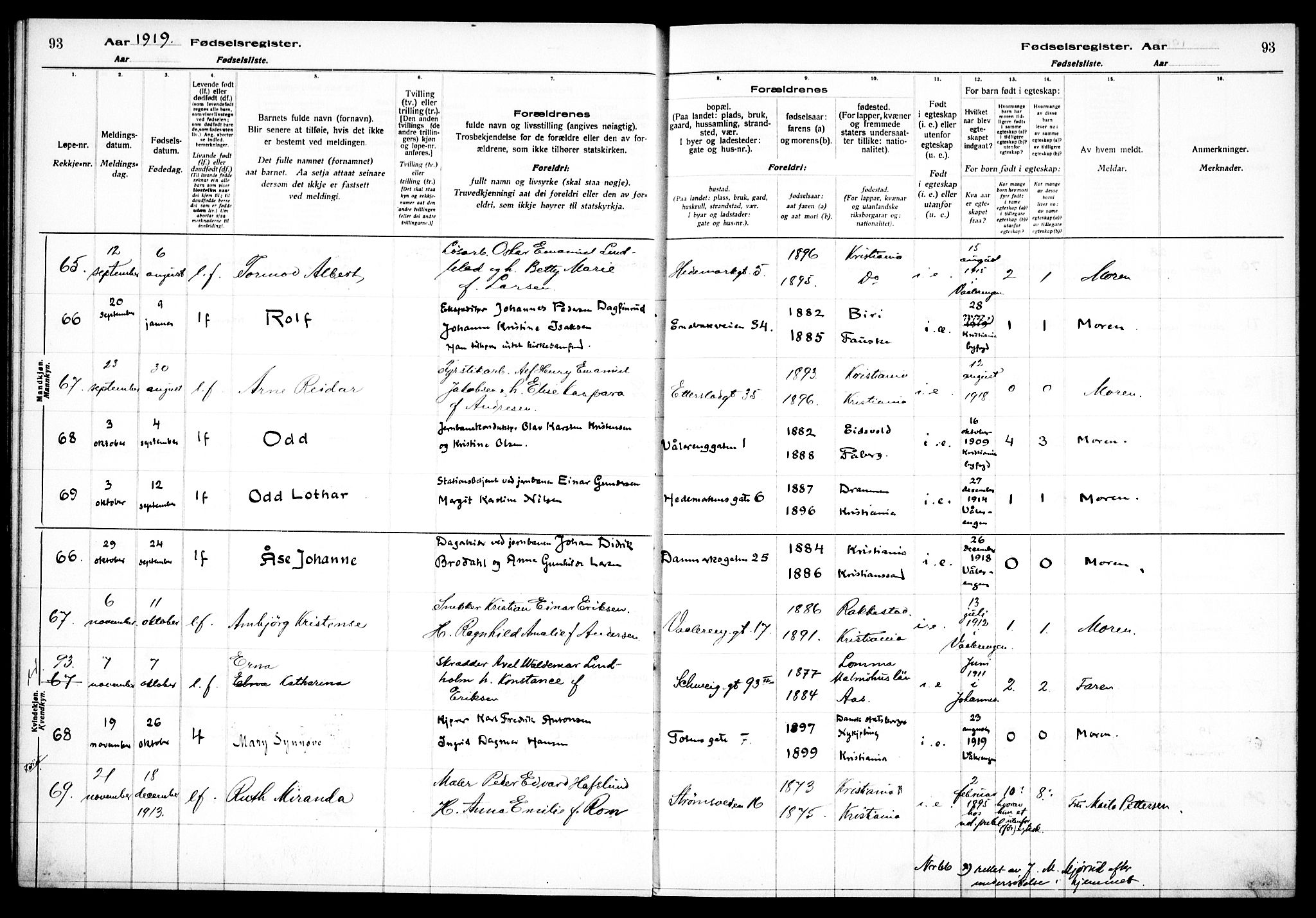 Vålerengen prestekontor Kirkebøker, AV/SAO-A-10878/J/Ja/L0001: Fødselsregister nr. 1, 1916-1924, s. 93