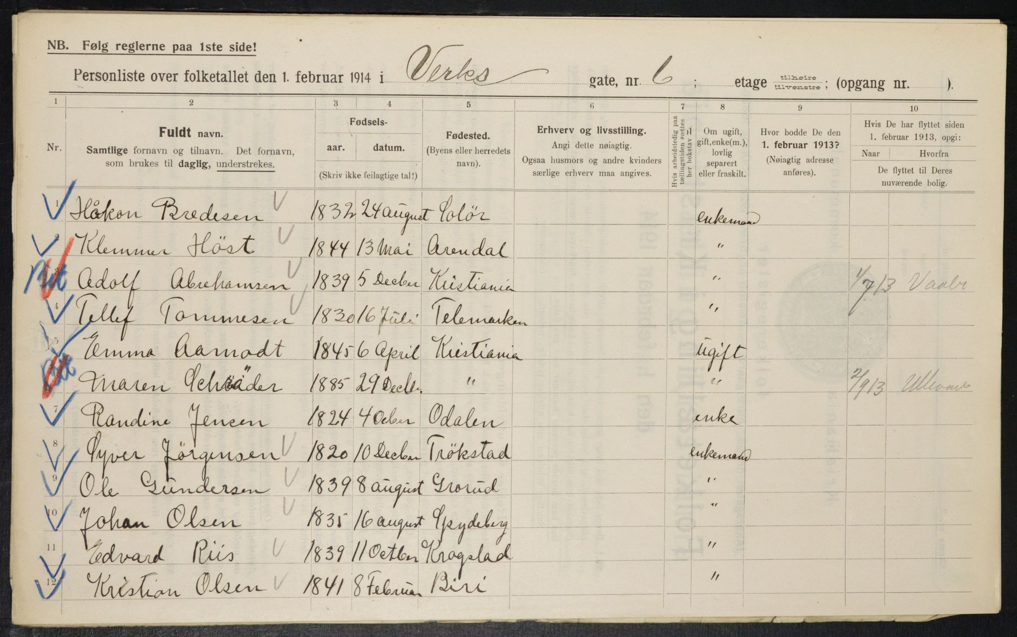 OBA, Kommunal folketelling 1.2.1914 for Kristiania, 1914, s. 123000