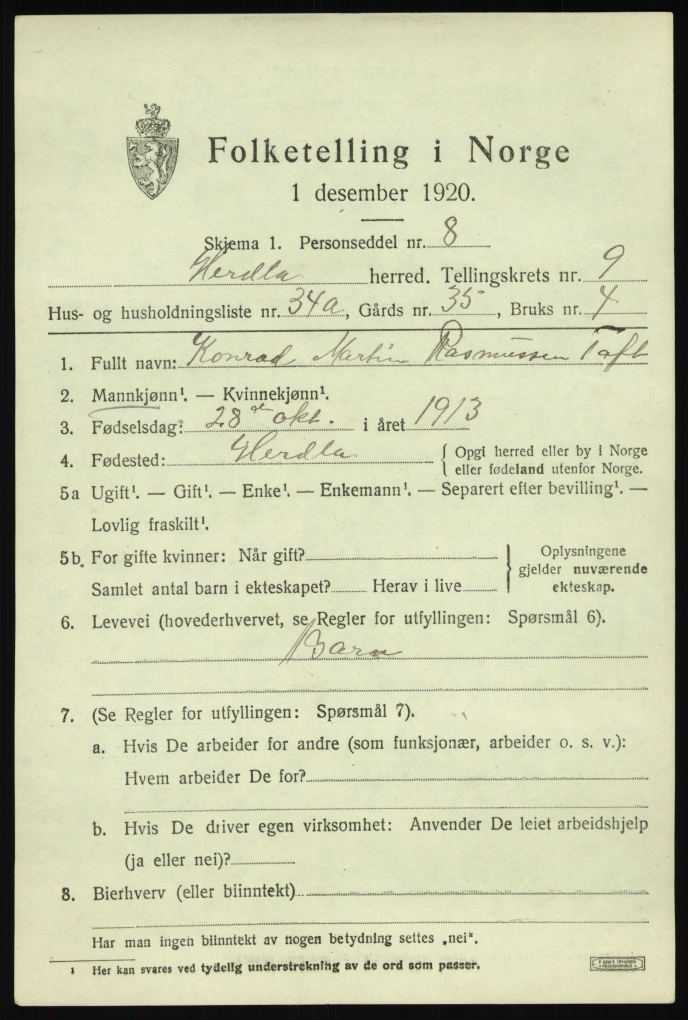 SAB, Folketelling 1920 for 1258 Herdla herred, 1920, s. 6737