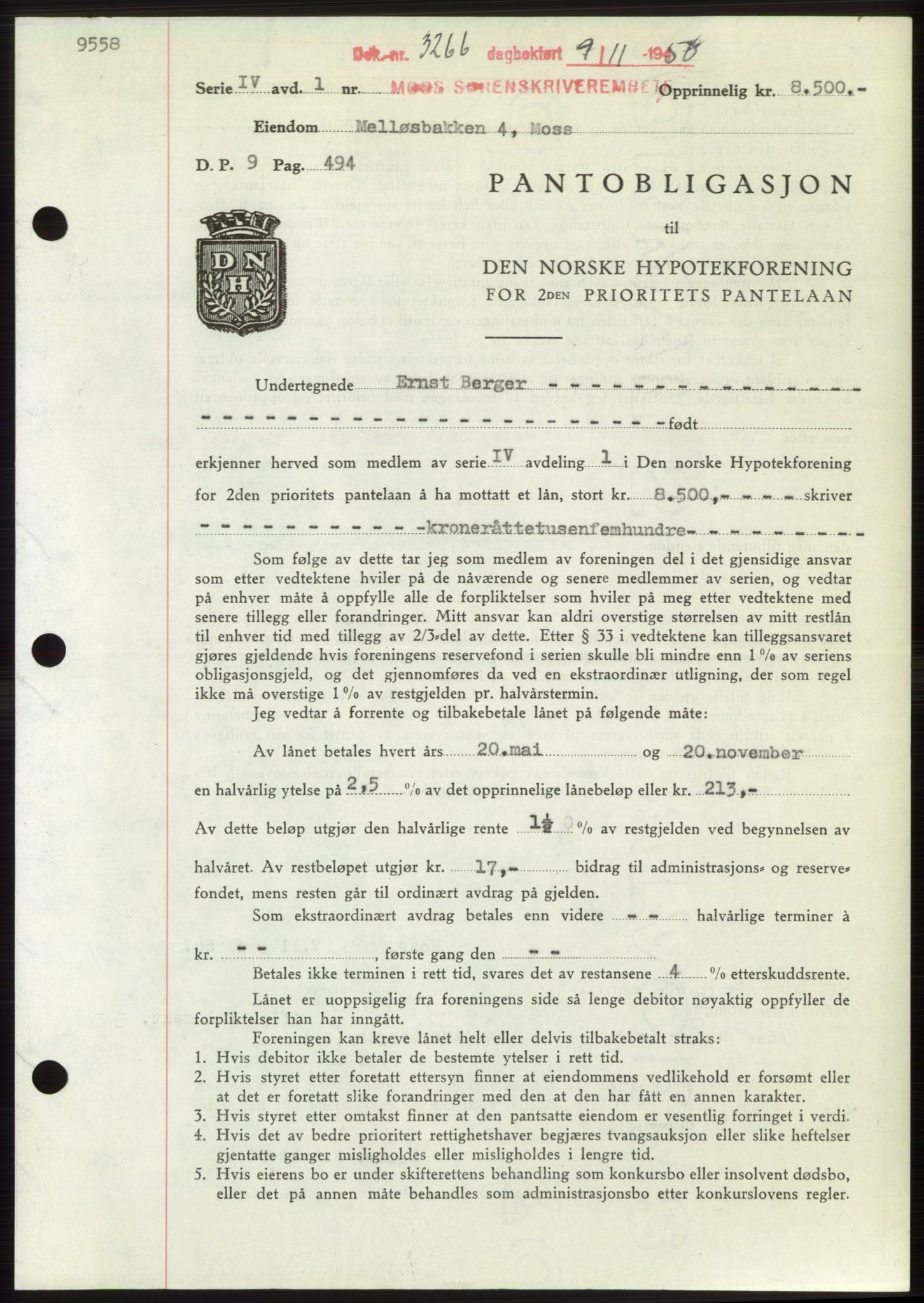 Moss sorenskriveri, SAO/A-10168: Pantebok nr. B25, 1950-1950, Dagboknr: 3266/1950