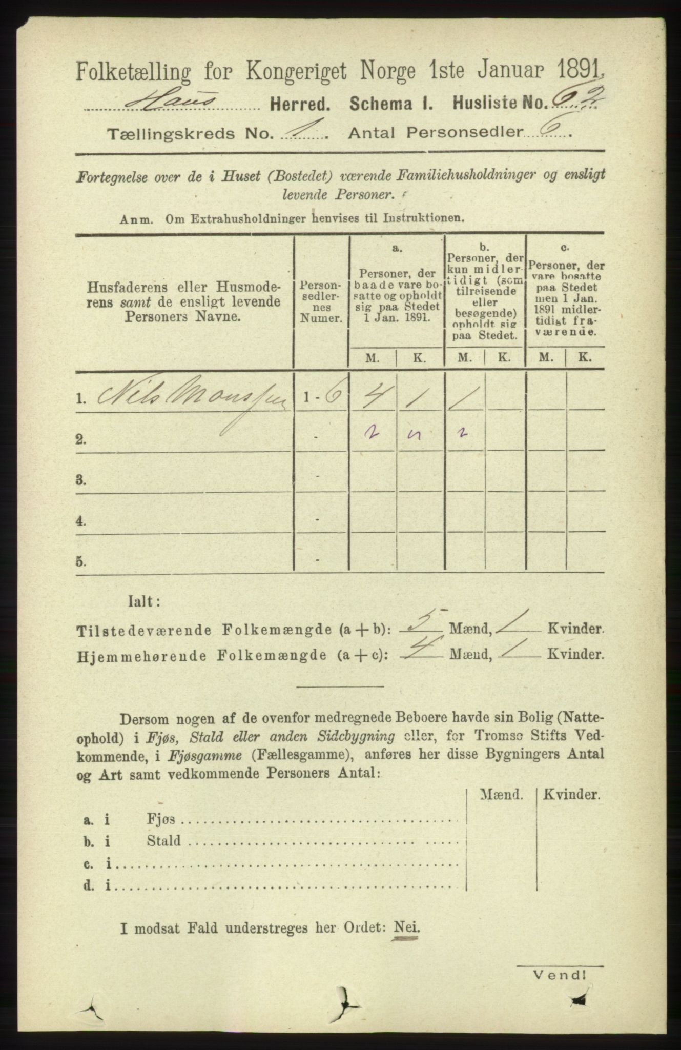 RA, Folketelling 1891 for 1250 Haus herred, 1891, s. 95