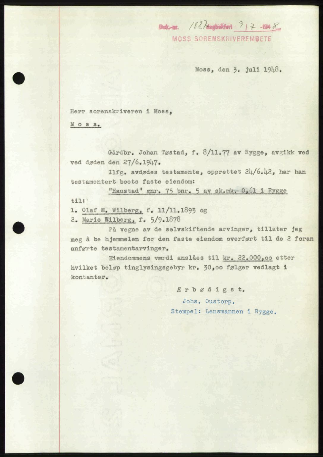 Moss sorenskriveri, SAO/A-10168: Pantebok nr. A20, 1948-1948, Dagboknr: 1827/1948