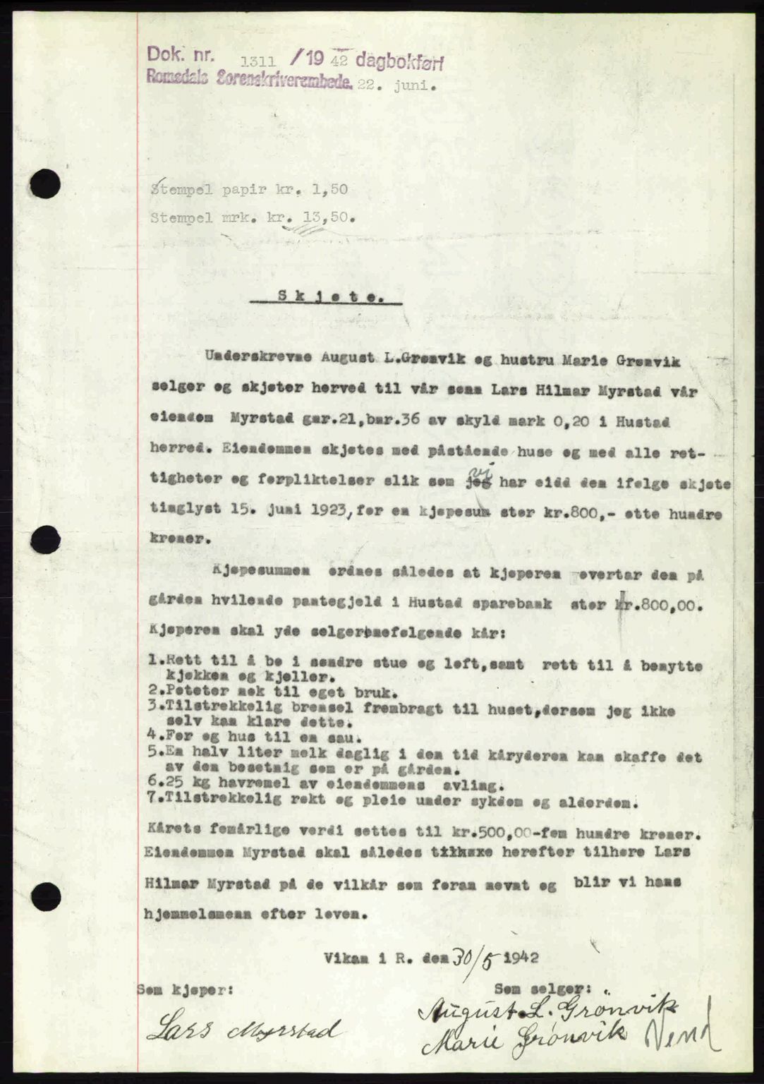 Romsdal sorenskriveri, SAT/A-4149/1/2/2C: Pantebok nr. A12, 1942-1942, Dagboknr: 1311/1942