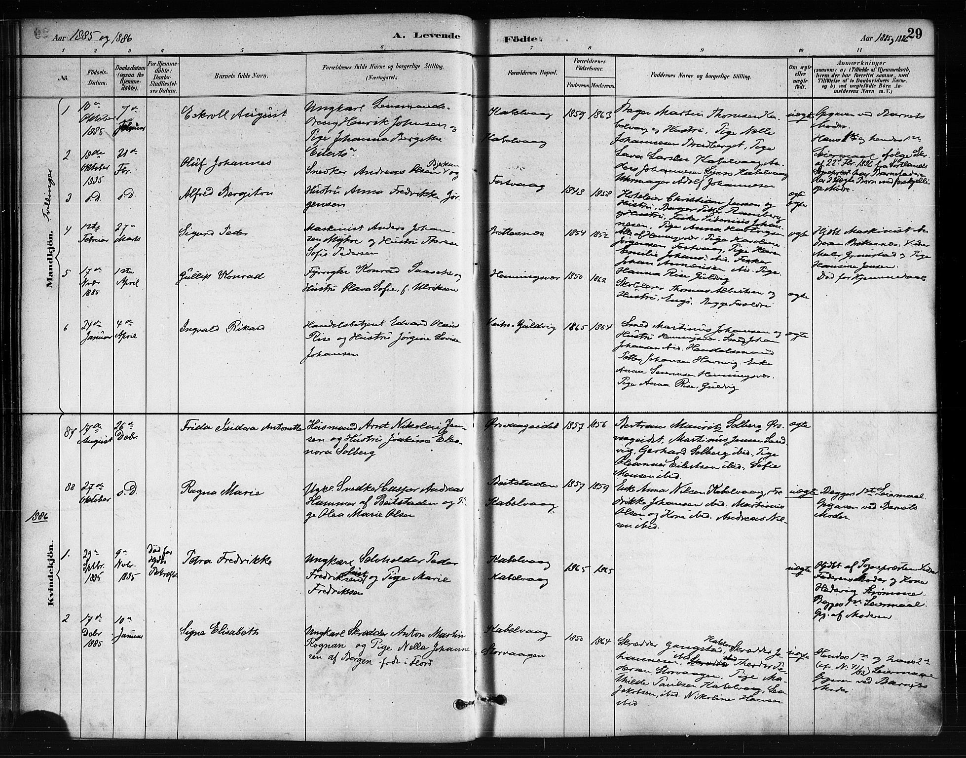 Ministerialprotokoller, klokkerbøker og fødselsregistre - Nordland, SAT/A-1459/874/L1059: Ministerialbok nr. 874A03, 1884-1890, s. 29