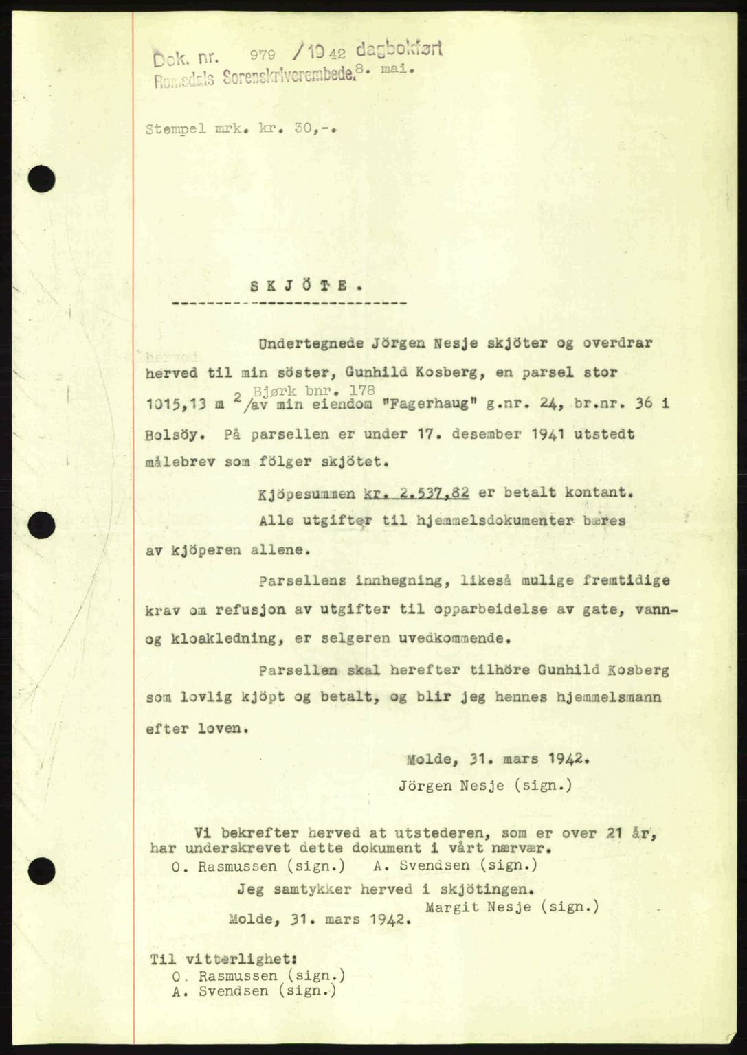 Romsdal sorenskriveri, SAT/A-4149/1/2/2C: Pantebok nr. A12, 1942-1942, Dagboknr: 979/1942