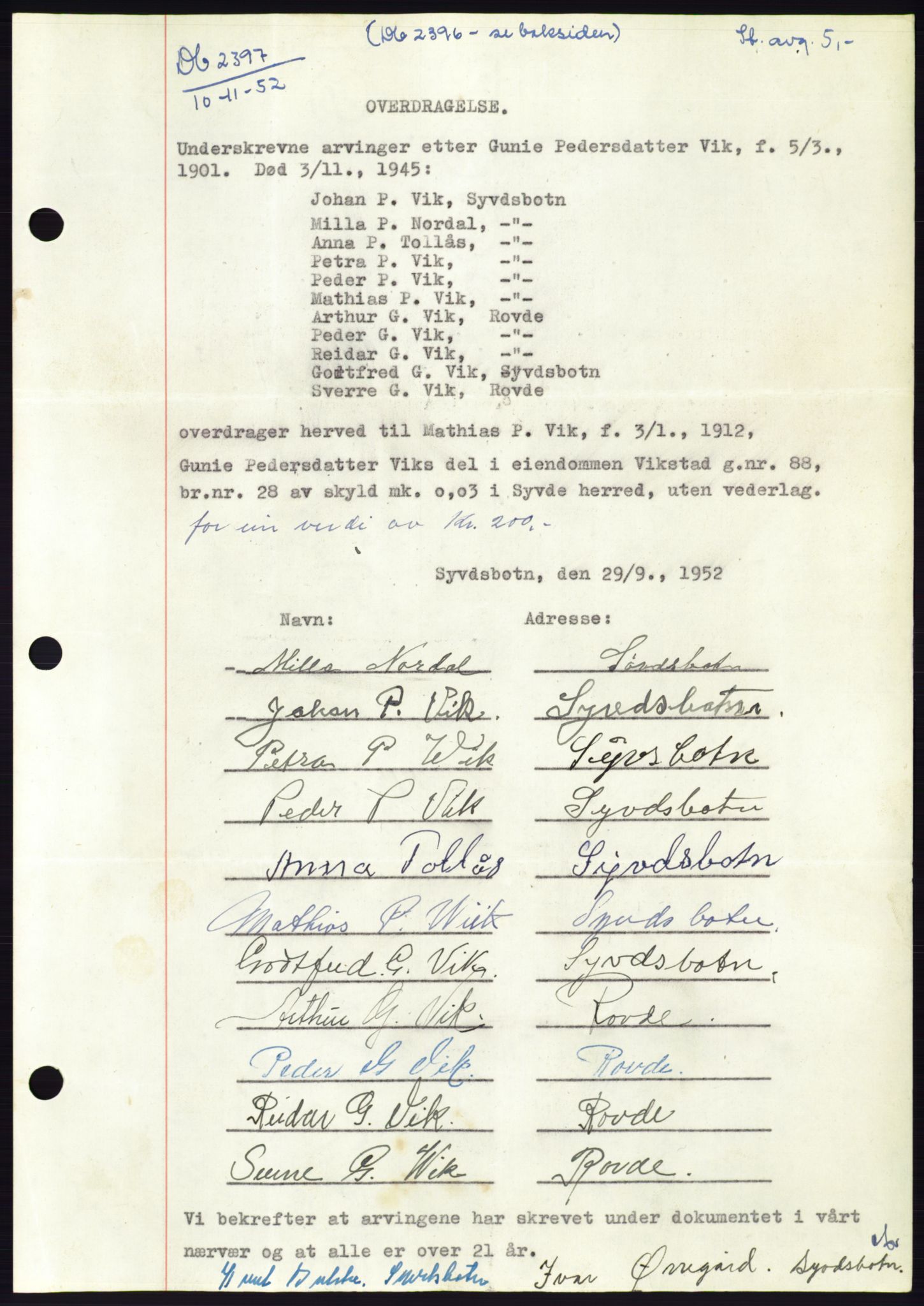 Søre Sunnmøre sorenskriveri, AV/SAT-A-4122/1/2/2C/L0093: Pantebok nr. 19A, 1952-1953, Dagboknr: 2397/1952