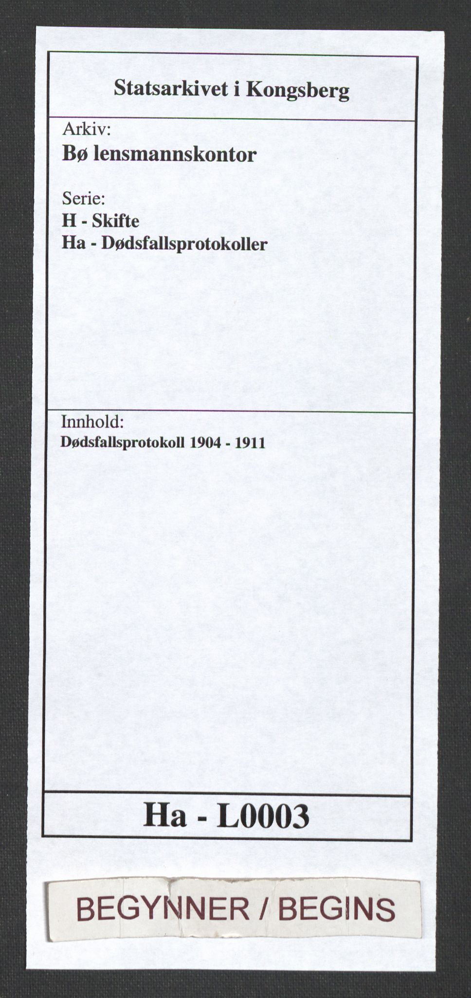 Bø lensmannskontor, AV/SAKO-A-553/H/Ha/L0003: Dødsfallsprotokoll, 1904-1911