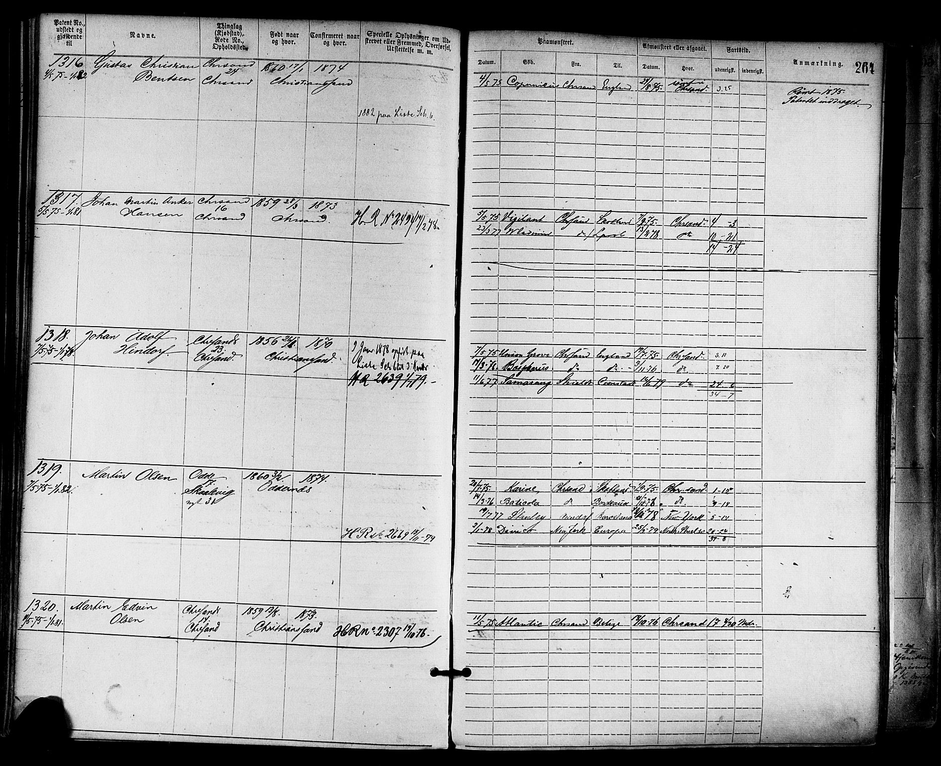 Kristiansand mønstringskrets, SAK/2031-0015/F/Fa/L0005: Annotasjonsrulle nr 1-1920 med register, I-3, 1870-1880, s. 314