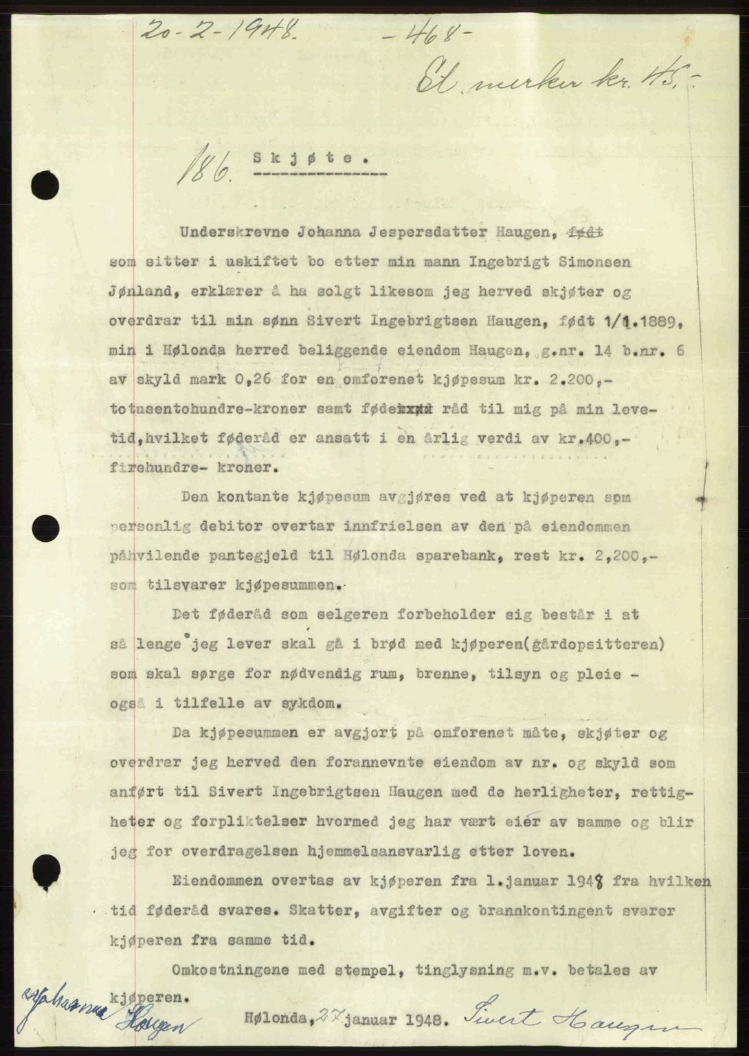 Gauldal sorenskriveri, SAT/A-0014/1/2/2C: Pantebok nr. A5, 1947-1948, Dagboknr: 186/1948
