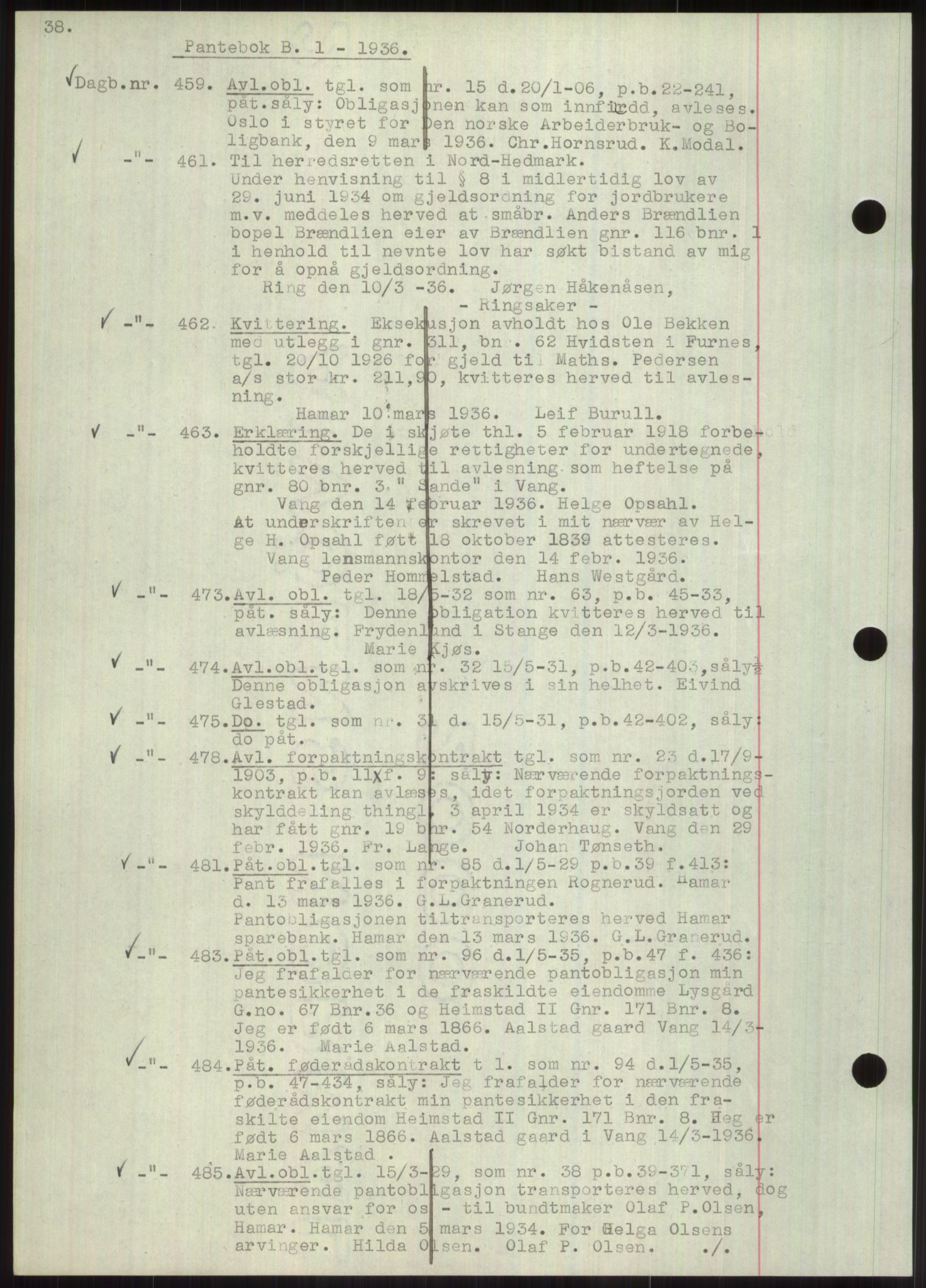 Nord-Hedmark sorenskriveri, SAH/TING-012/H/Hb/Hbf/L0001: Pantebok nr. B1, 1936-1936, Dagboknr: 459/1936