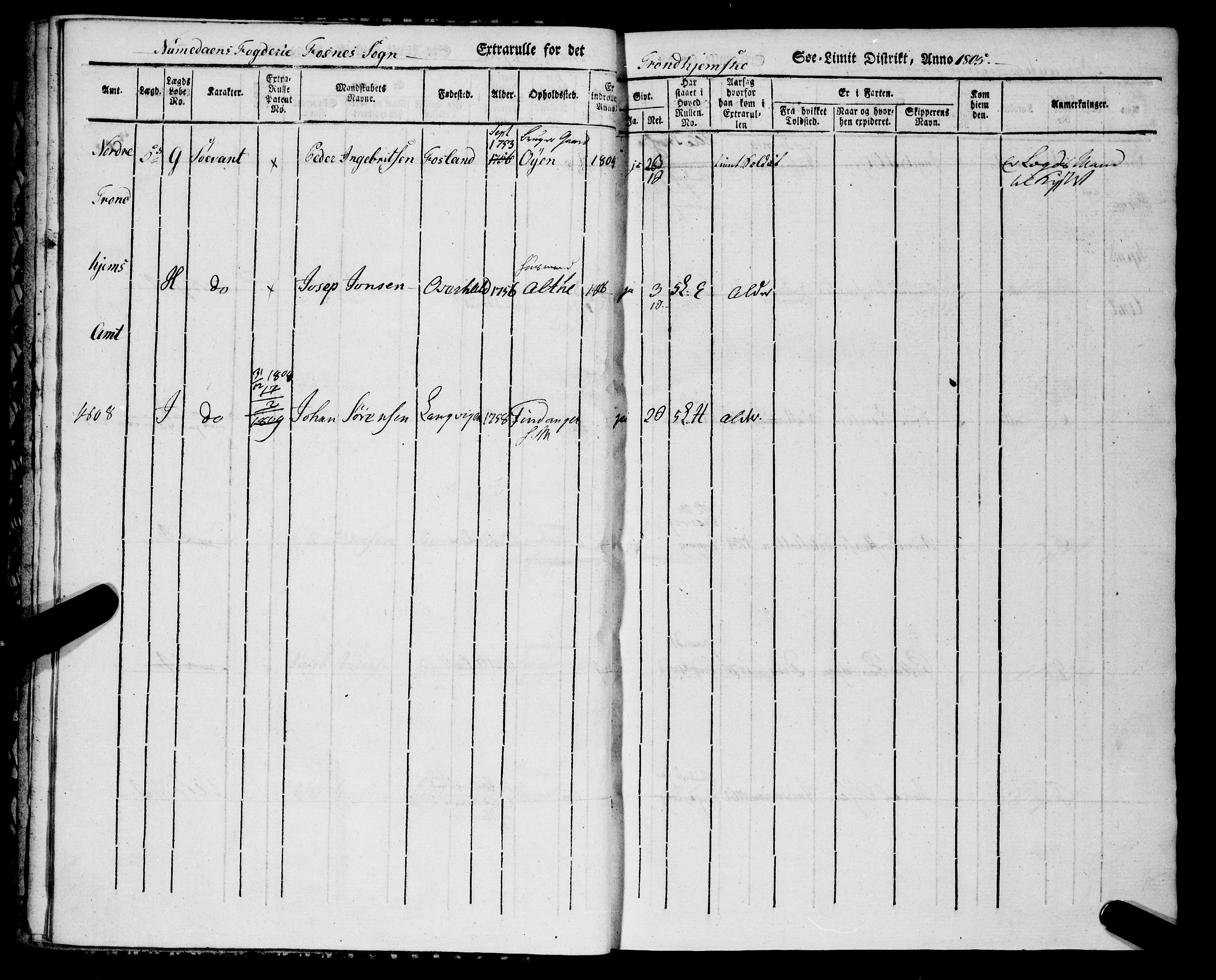Sjøinnrulleringen - Trondhjemske distrikt, AV/SAT-A-5121/01/L0318/0001: -- / Ekstrarulle for Nordre Trondhjems amt, Namdalens fogderi, 1805