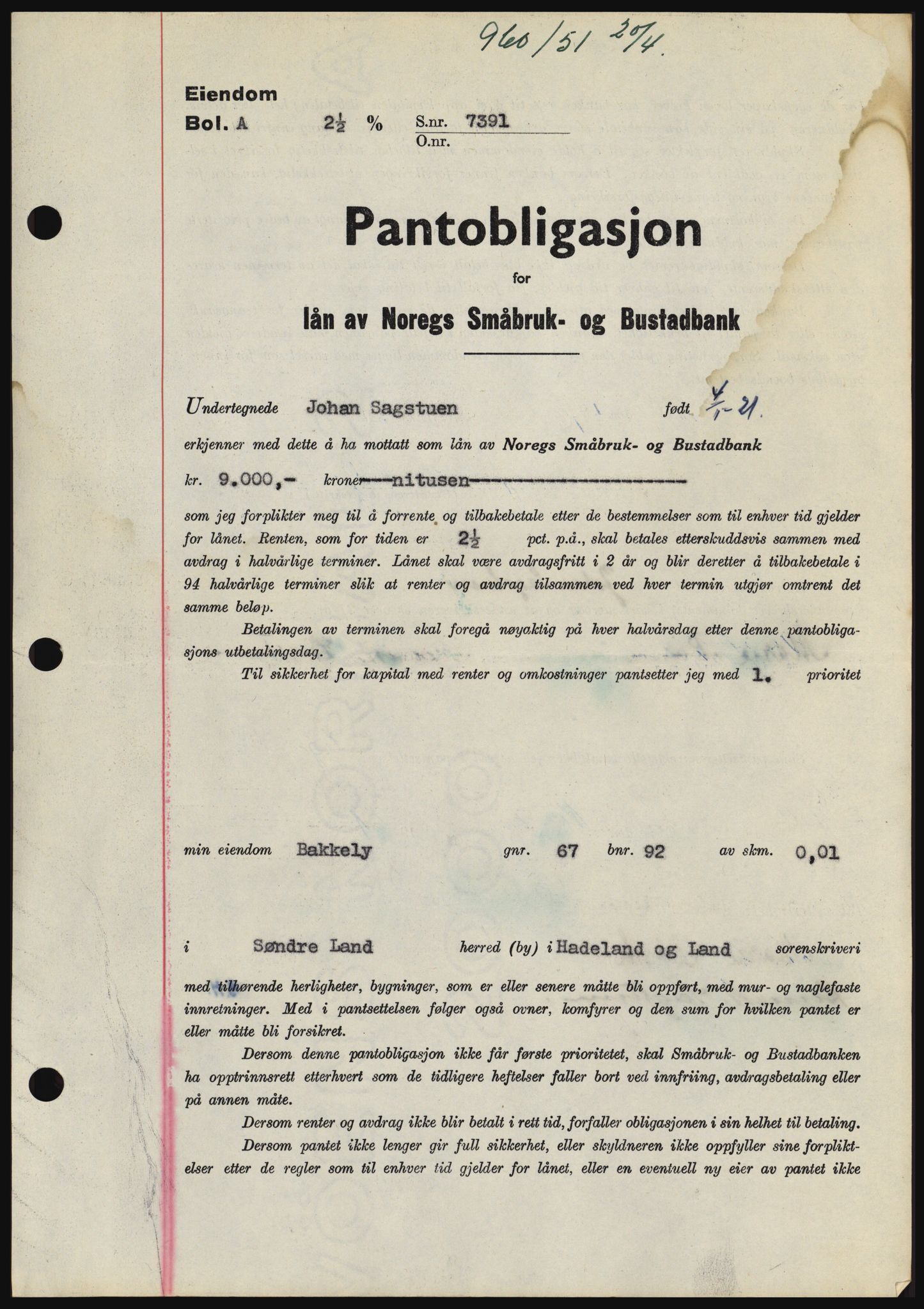 Hadeland og Land tingrett, SAH/TING-010/H/Hb/Hbc/L0021: Pantebok nr. B21, 1951-1951, Dagboknr: 959/1951