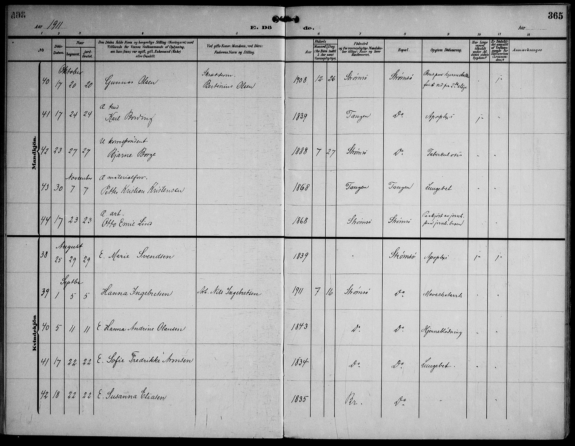Strømsø kirkebøker, AV/SAKO-A-246/F/Fa/L0026: Ministerialbok nr. I 26, 1905-1914, s. 365