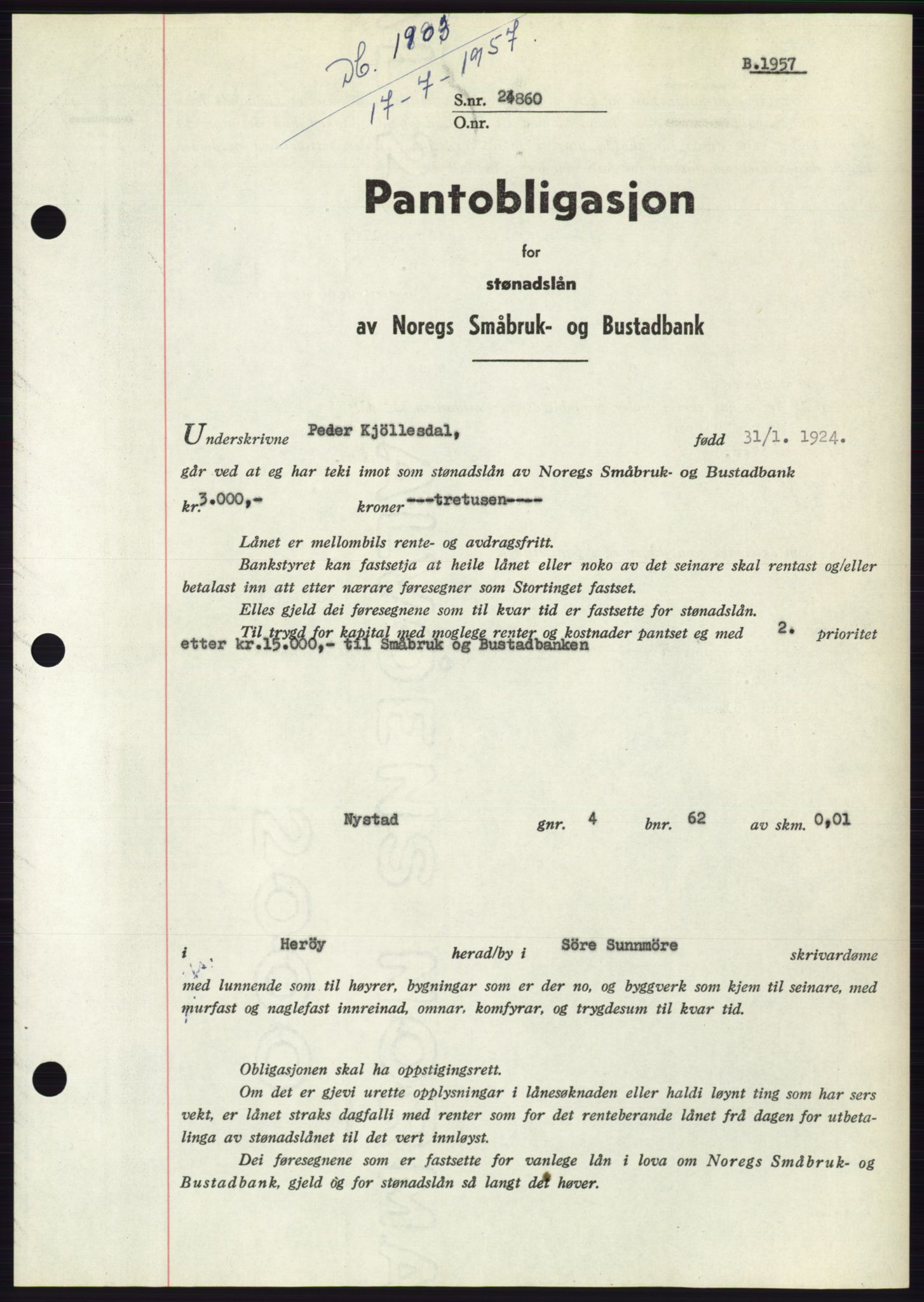 Søre Sunnmøre sorenskriveri, AV/SAT-A-4122/1/2/2C/L0130: Pantebok nr. 18B, 1957-1958, Dagboknr: 1903/1957