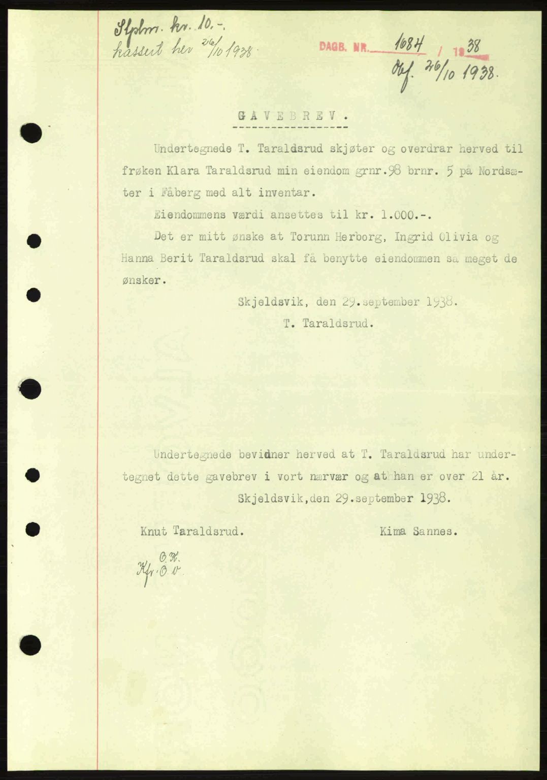Sør-Gudbrandsdal tingrett, SAH/TING-004/H/Hb/Hbd/L0005: Pantebok nr. A5, 1938-1939, Dagboknr: 1684/1938