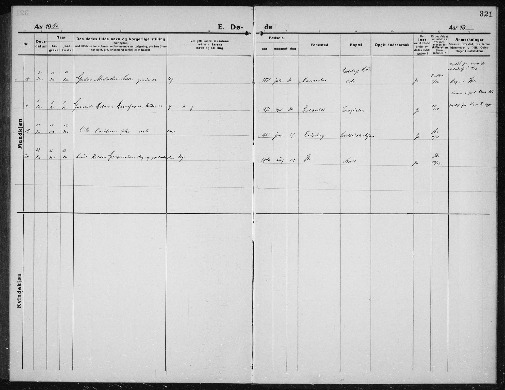 Kråkstad prestekontor Kirkebøker, AV/SAO-A-10125a/G/Gb/L0002: Klokkerbok nr. II 2, 1921-1941, s. 321
