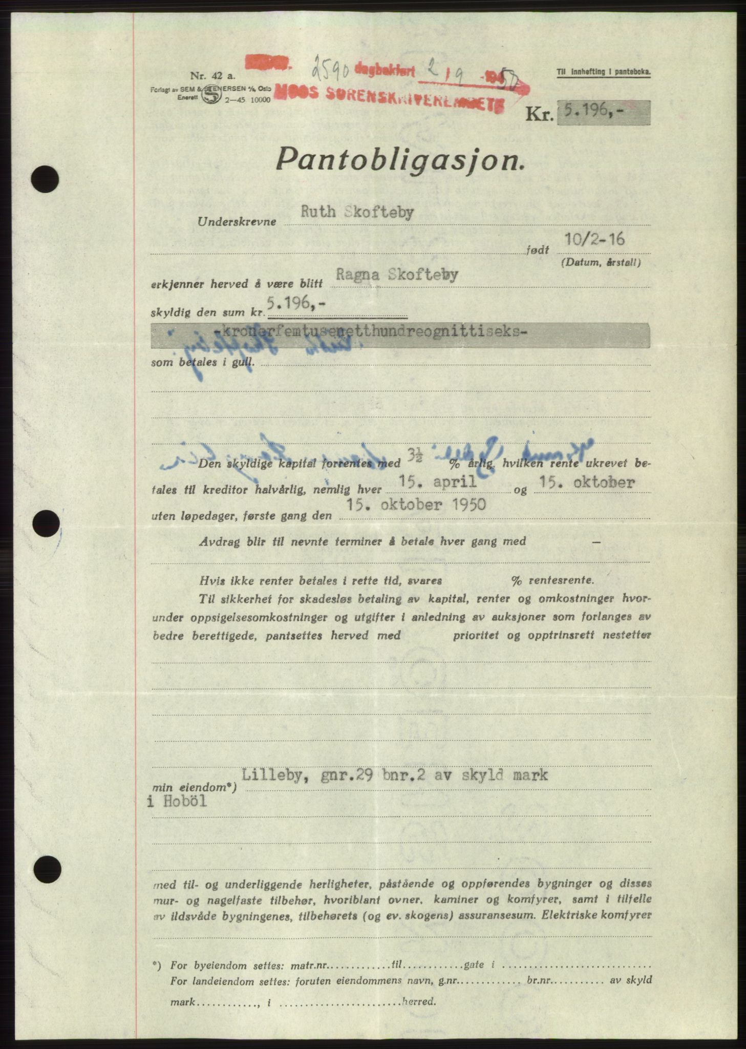 Moss sorenskriveri, SAO/A-10168: Pantebok nr. B25, 1950-1950, Dagboknr: 2590/1950
