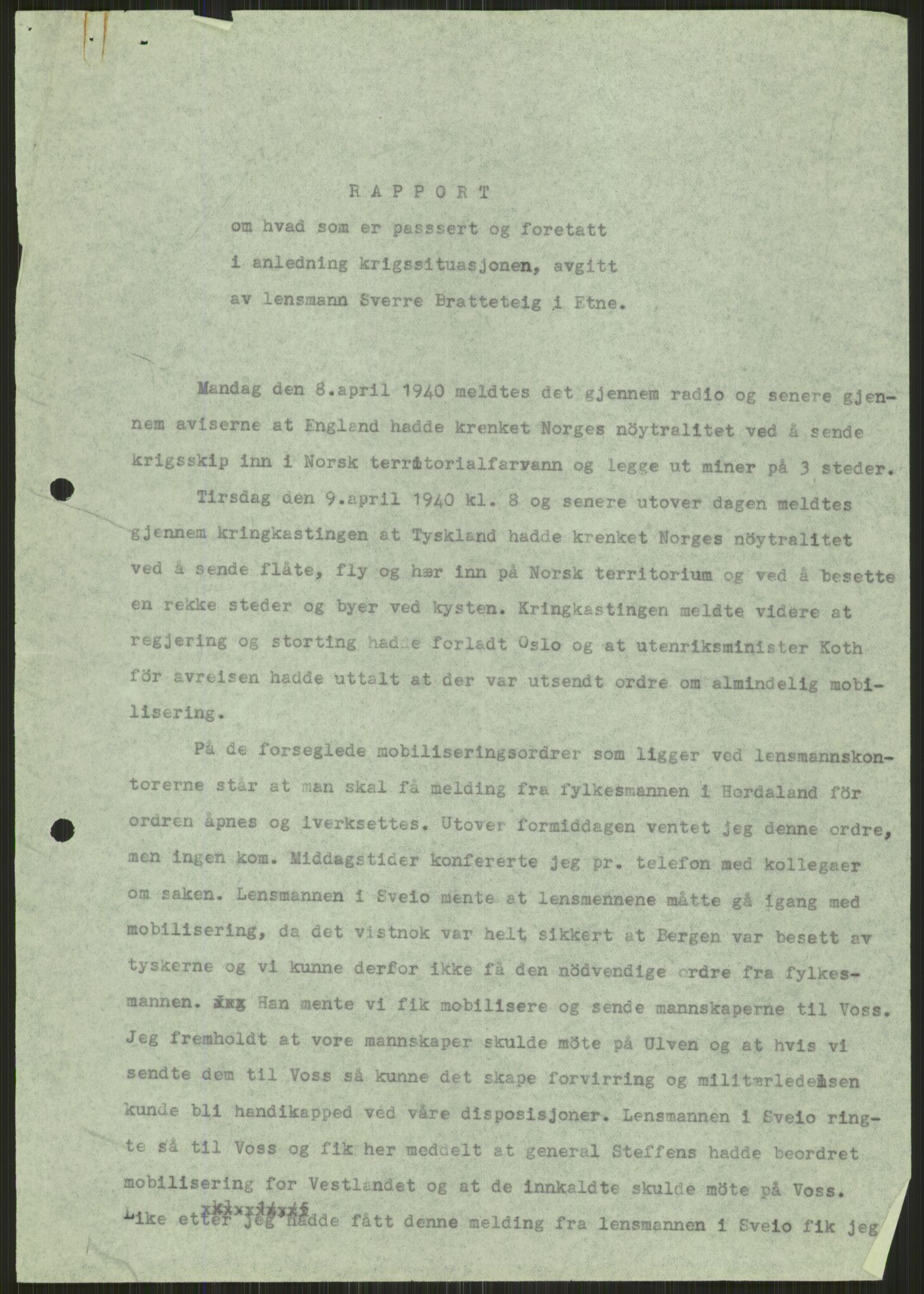 Forsvaret, Forsvarets krigshistoriske avdeling, AV/RA-RAFA-2017/Y/Ya/L0015: II-C-11-31 - Fylkesmenn.  Rapporter om krigsbegivenhetene 1940., 1940, s. 251