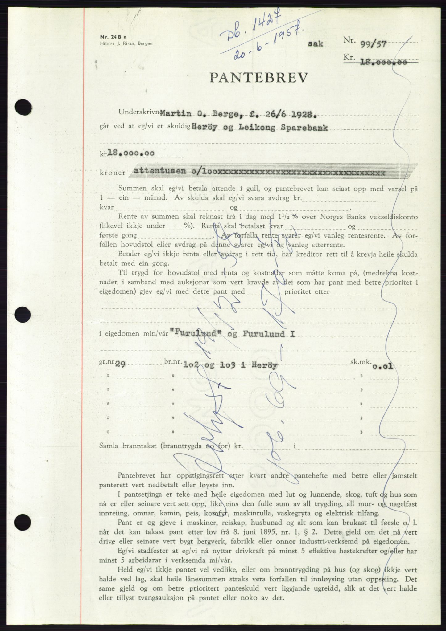 Søre Sunnmøre sorenskriveri, AV/SAT-A-4122/1/2/2C/L0130: Pantebok nr. 18B, 1957-1958, Dagboknr: 1427/1957
