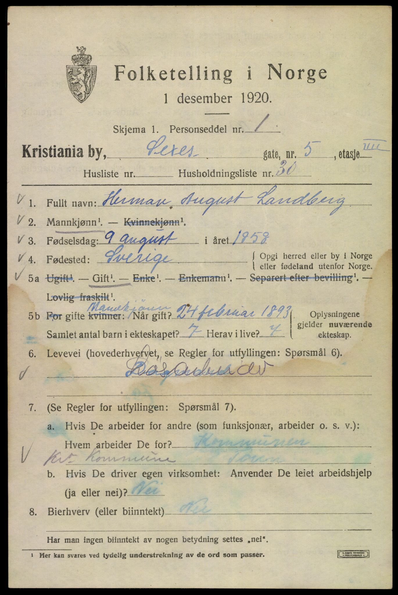 SAO, Folketelling 1920 for 0301 Kristiania kjøpstad, 1920, s. 509811