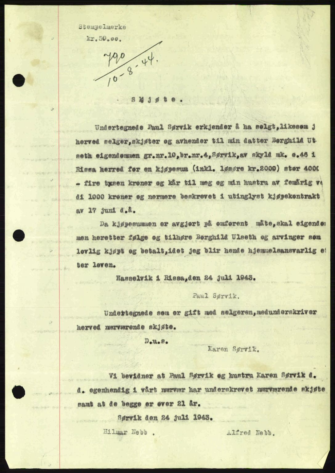 Fosen sorenskriveri, AV/SAT-A-1107/1/2/2C: Pantebok nr. A3, 1943-1945, Dagboknr: 790/1944