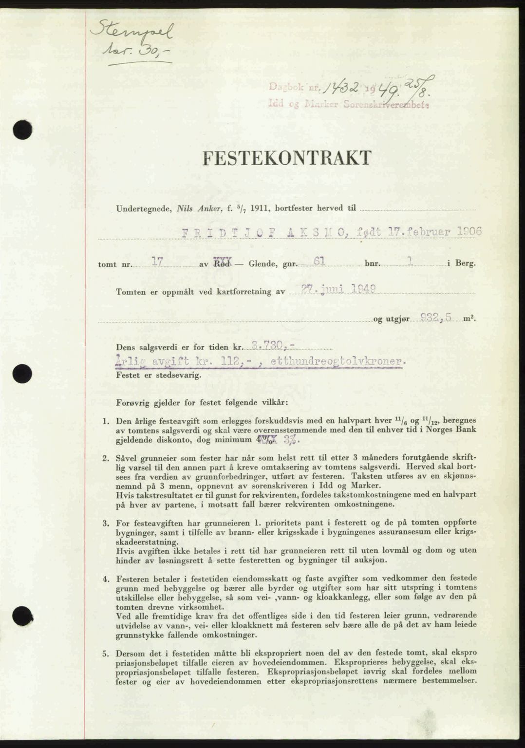 Idd og Marker sorenskriveri, SAO/A-10283/G/Gb/Gbb/L0012: Pantebok nr. A12, 1949-1949, Dagboknr: 1432/1949