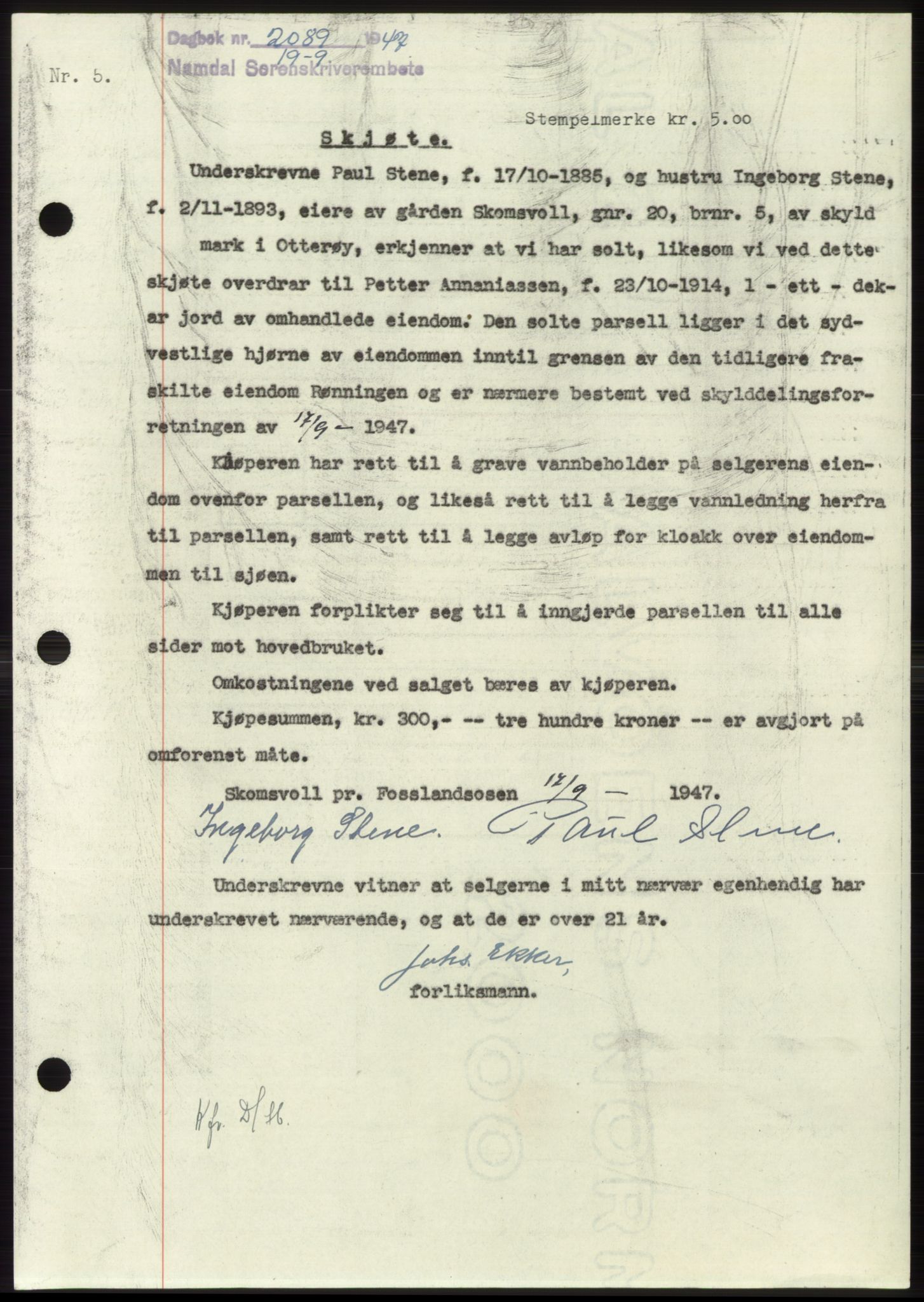 Namdal sorenskriveri, SAT/A-4133/1/2/2C: Pantebok nr. -, 1947-1947, Dagboknr: 2089/1947