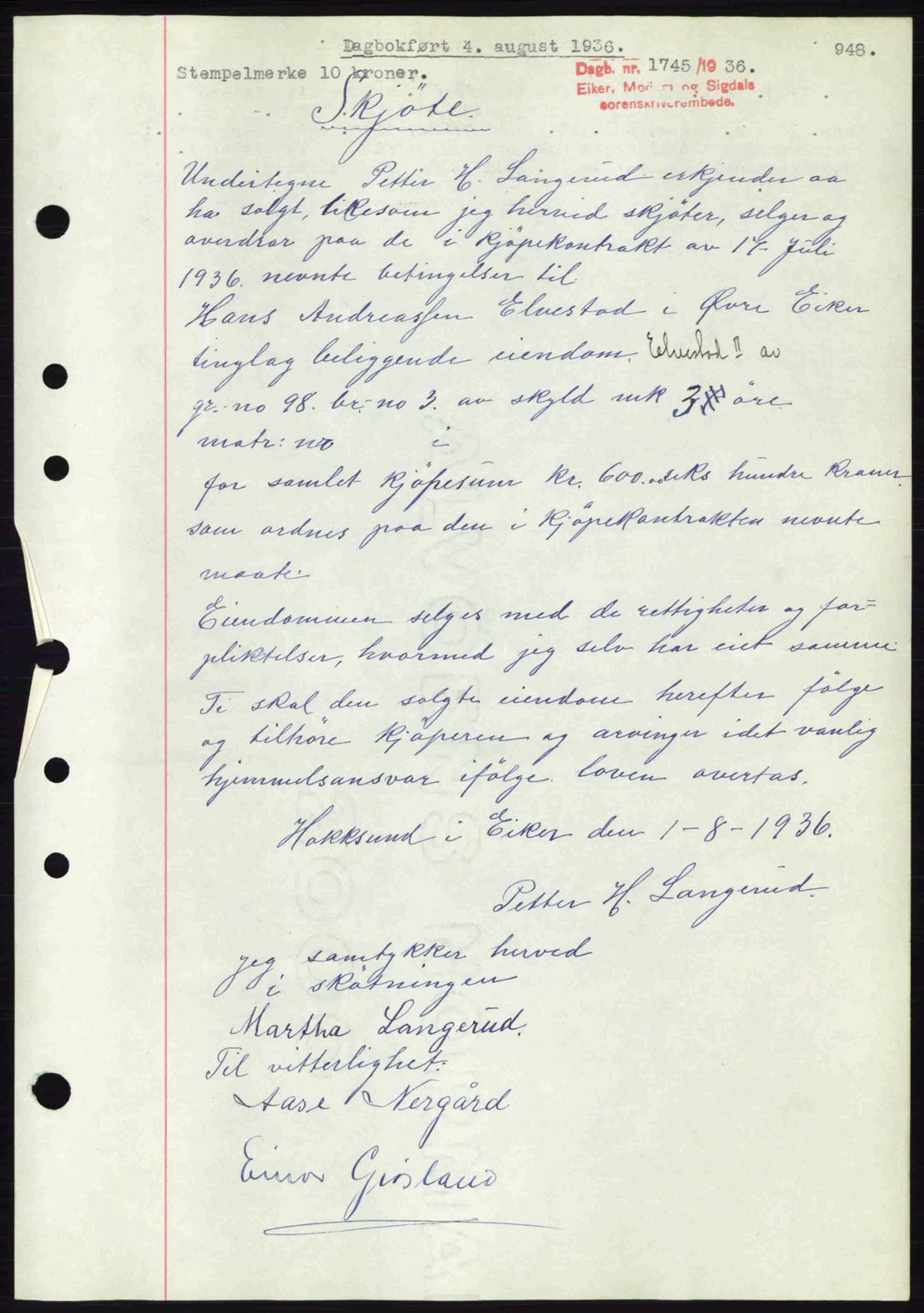 Eiker, Modum og Sigdal sorenskriveri, SAKO/A-123/G/Ga/Gab/L0032: Pantebok nr. A2, 1936-1936, Dagboknr: 1745/1936