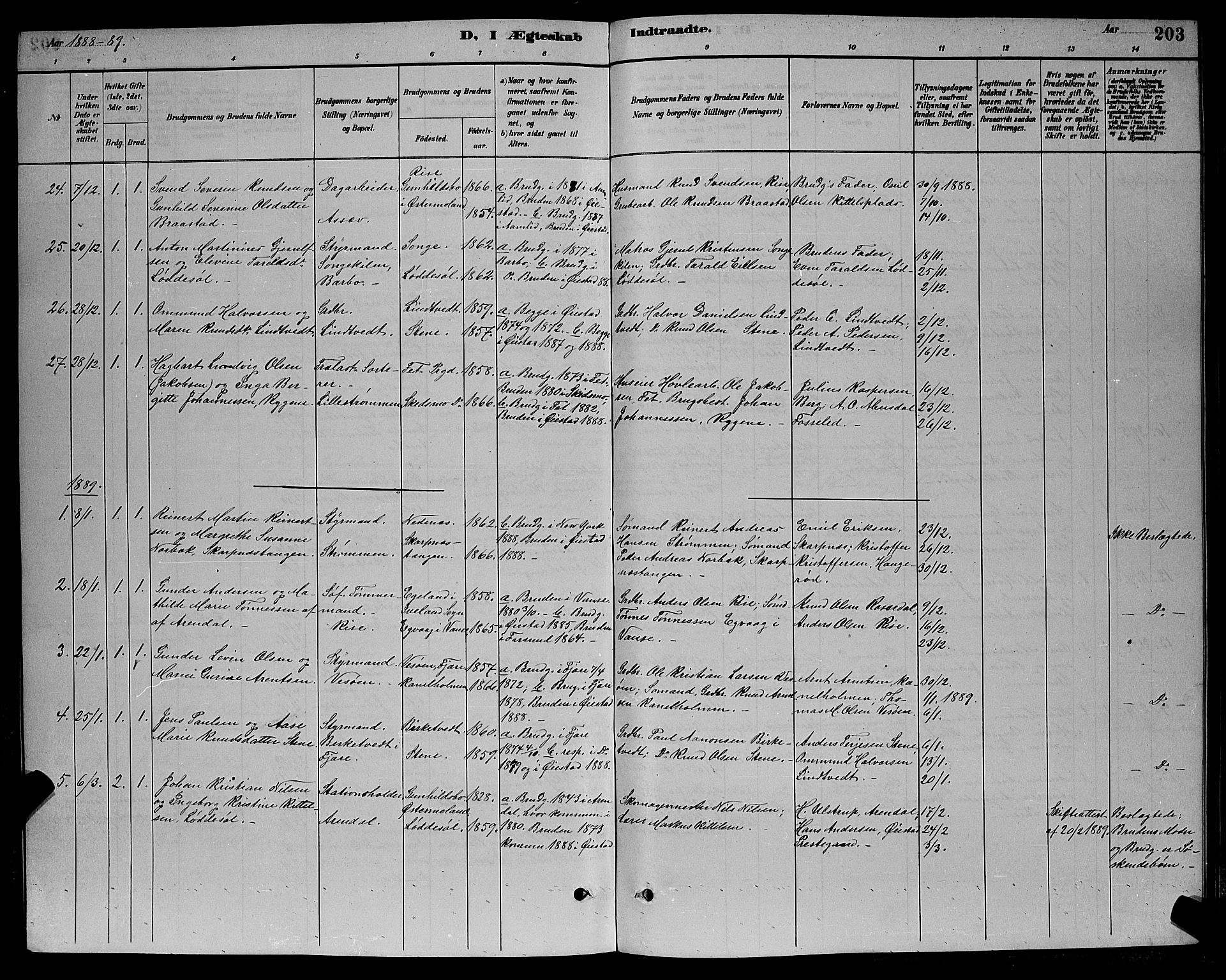 Øyestad sokneprestkontor, AV/SAK-1111-0049/F/Fb/L0009: Klokkerbok nr. B 9, 1886-1896, s. 203