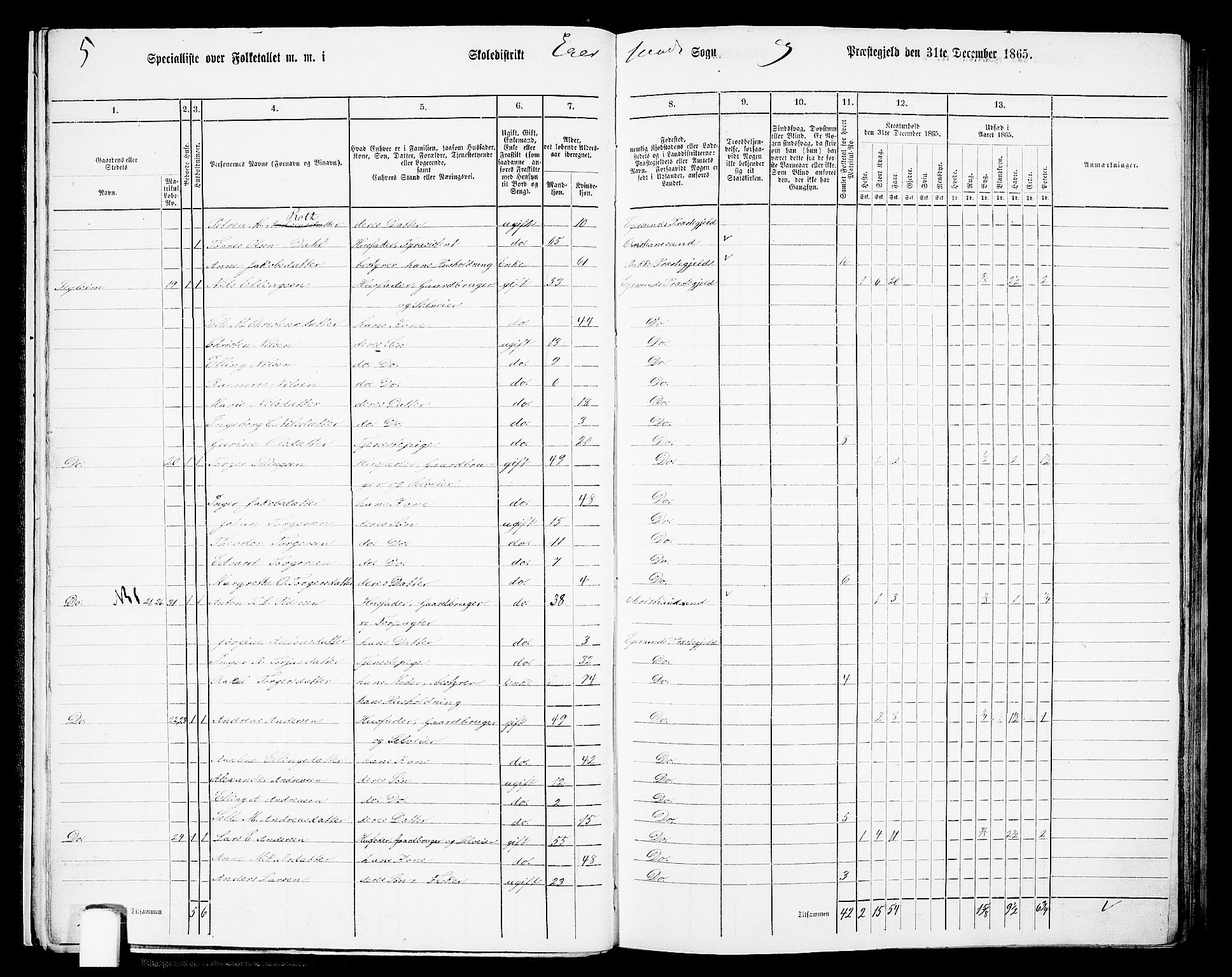 RA, Folketelling 1865 for 1116L Eigersund prestegjeld, Eigersund landsokn og Ogna sokn, 1865, s. 20