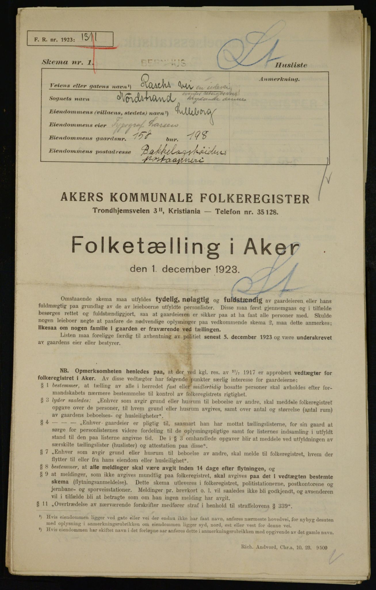 , Kommunal folketelling 1.12.1923 for Aker, 1923, s. 44176