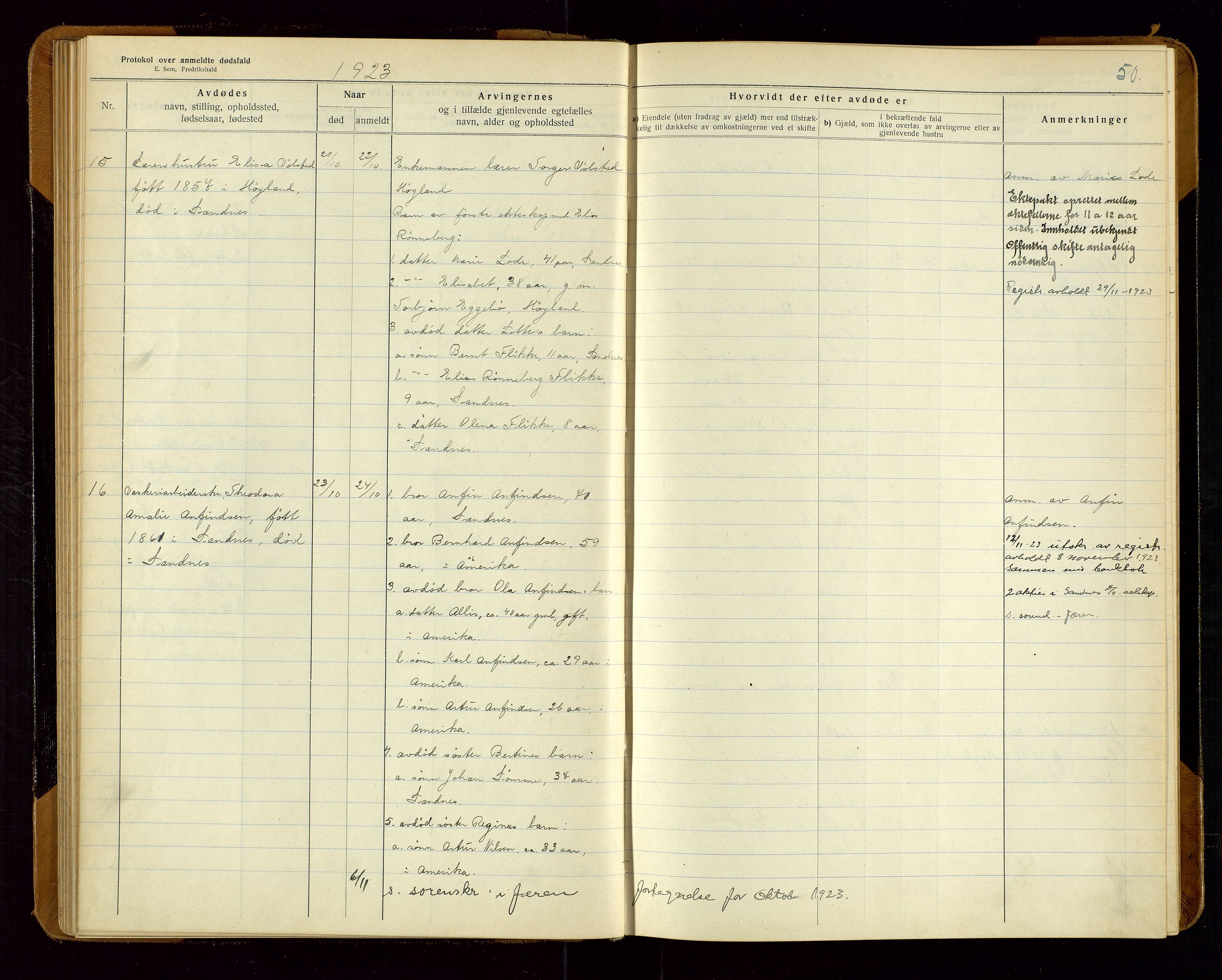 Sandnes lensmannskontor, AV/SAST-A-100167/Gga/L0001: "Protokol over anmeldte dødsfald" m/register, 1918-1940, s. 50