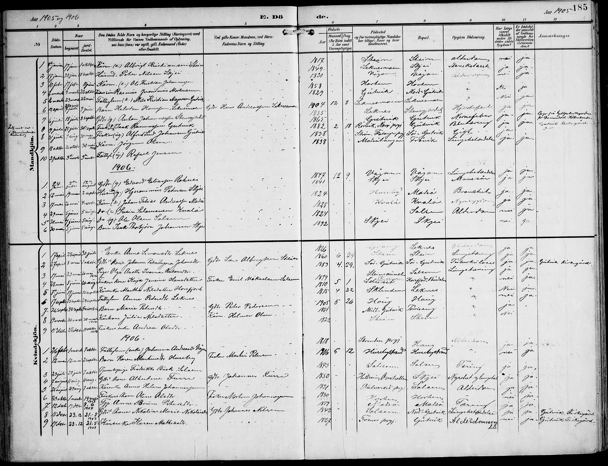 Ministerialprotokoller, klokkerbøker og fødselsregistre - Nord-Trøndelag, SAT/A-1458/788/L0698: Ministerialbok nr. 788A05, 1902-1921, s. 185