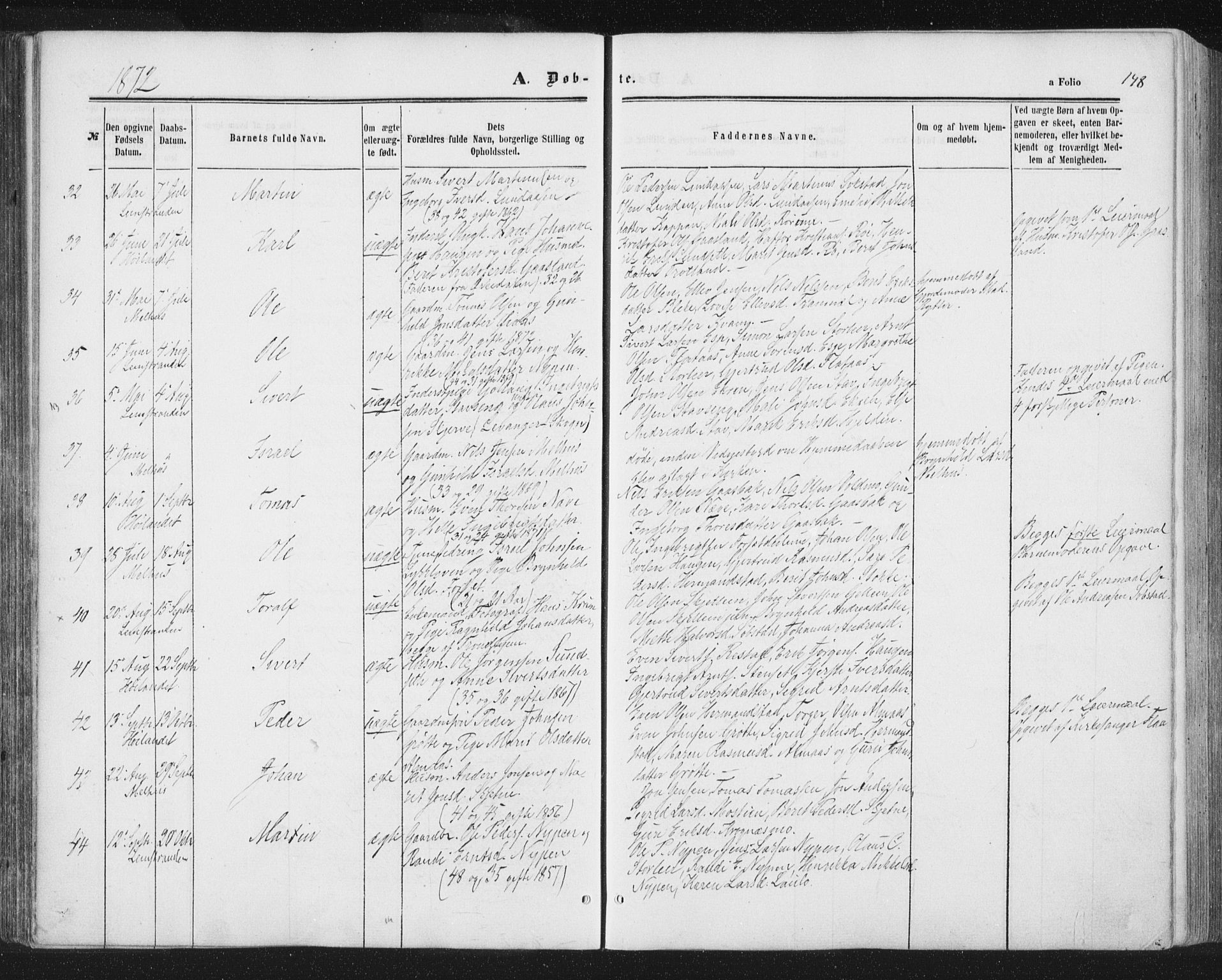 Ministerialprotokoller, klokkerbøker og fødselsregistre - Sør-Trøndelag, SAT/A-1456/691/L1077: Ministerialbok nr. 691A09, 1862-1873, s. 148