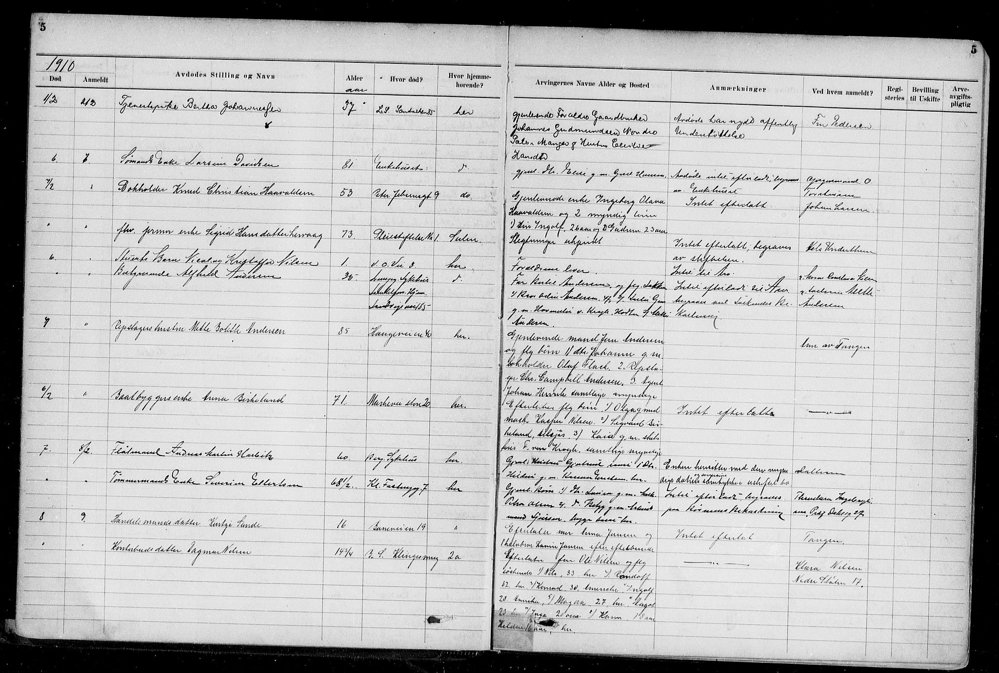 Byfogd og Byskriver i Bergen, AV/SAB-A-3401/06/06Na/L0009: Dødsfallsjournaler, 1910-1915, s. 5