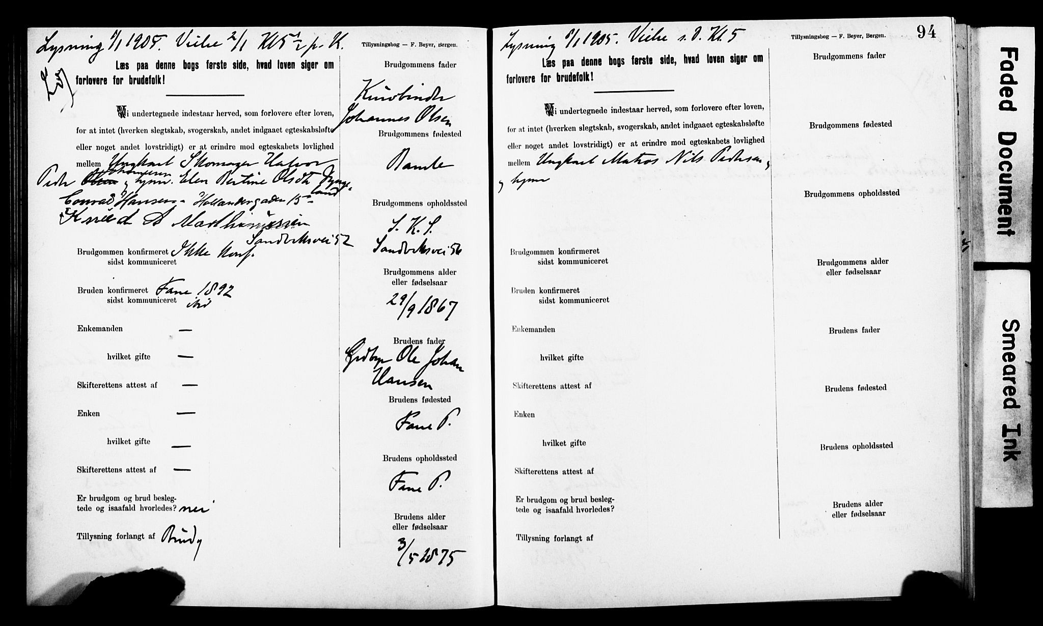 Korskirken sokneprestembete, SAB/A-76101: Forlovererklæringer nr. II.5.8, 1903-1908, s. 94