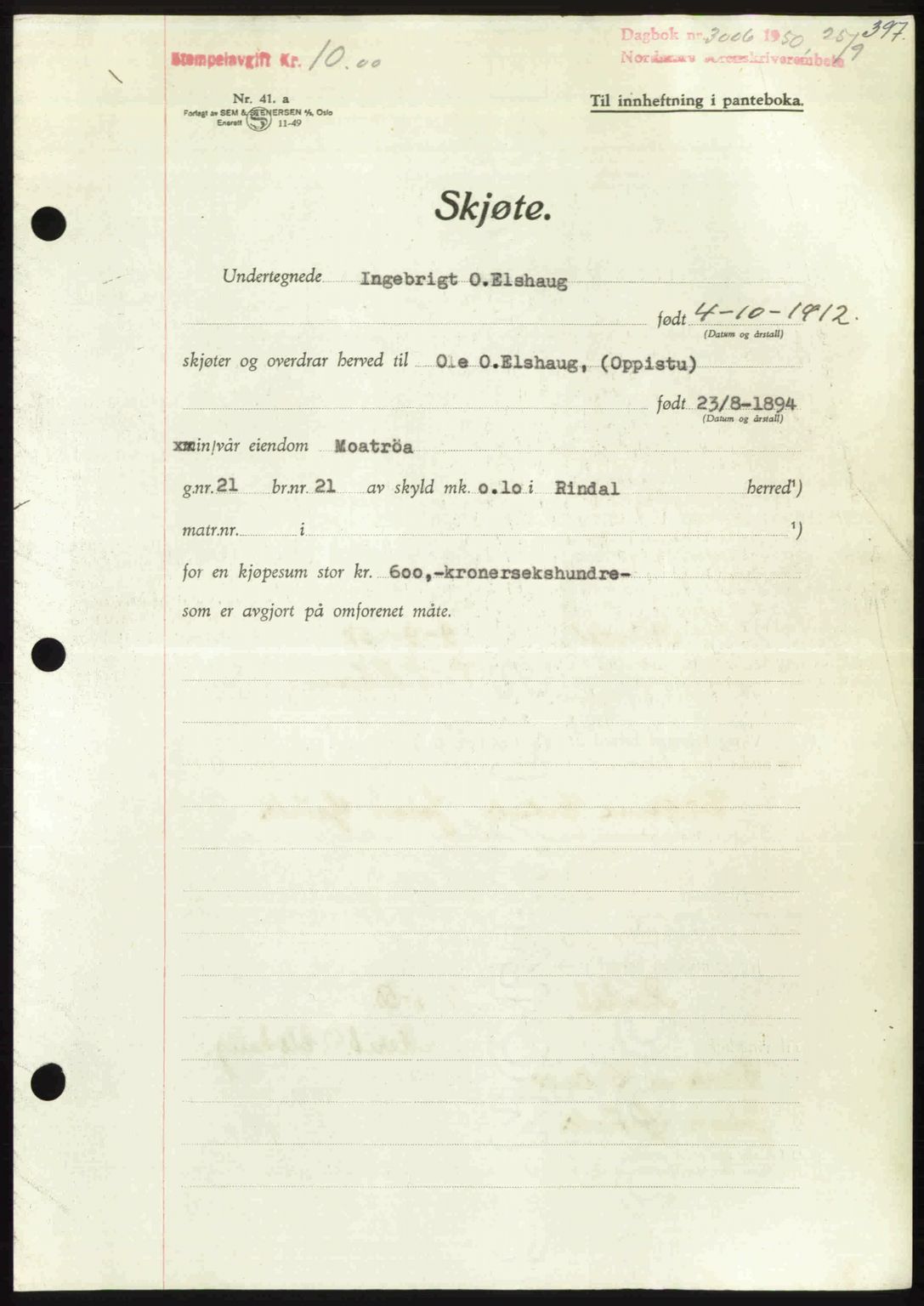 Nordmøre sorenskriveri, AV/SAT-A-4132/1/2/2Ca: Pantebok nr. A116, 1950-1950, Dagboknr: 3006/1950