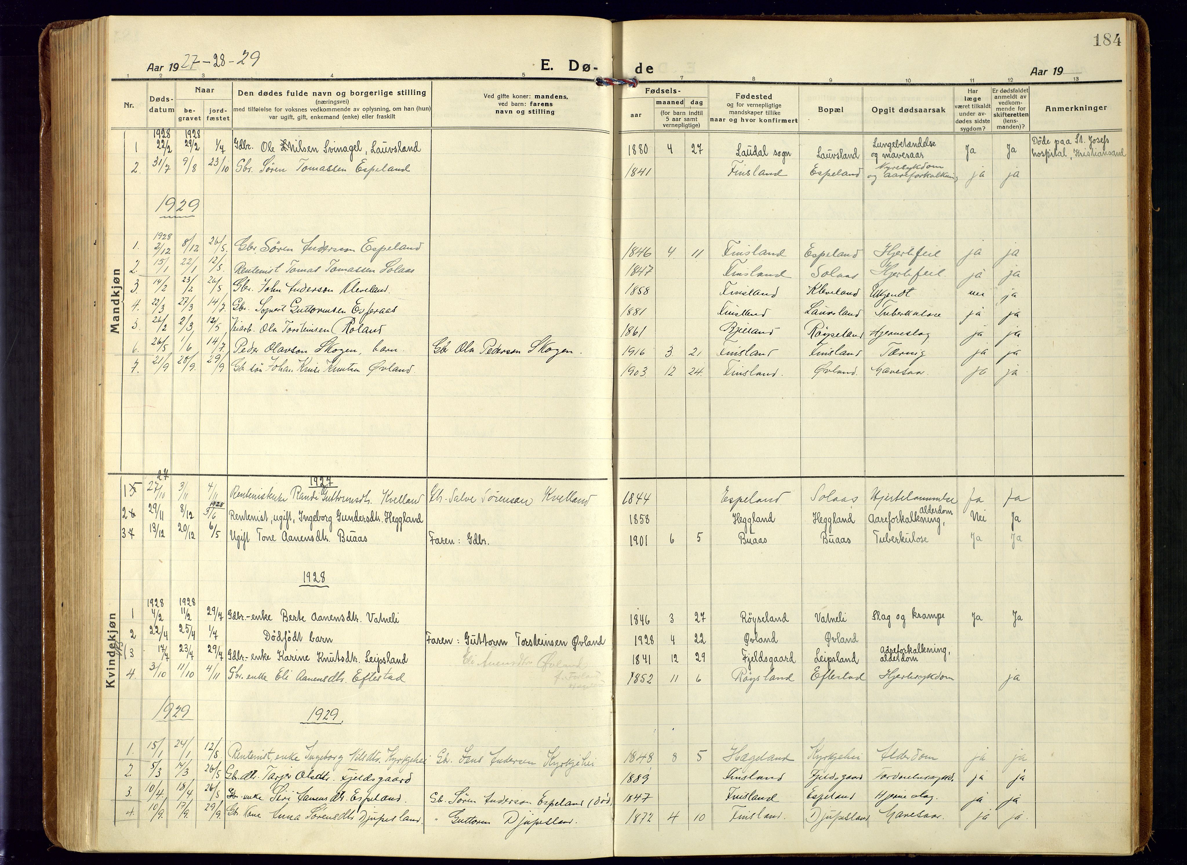 Bjelland sokneprestkontor, AV/SAK-1111-0005/F/Fa/Fab/L0005: Ministerialbok nr. A 5, 1921-1951, s. 184