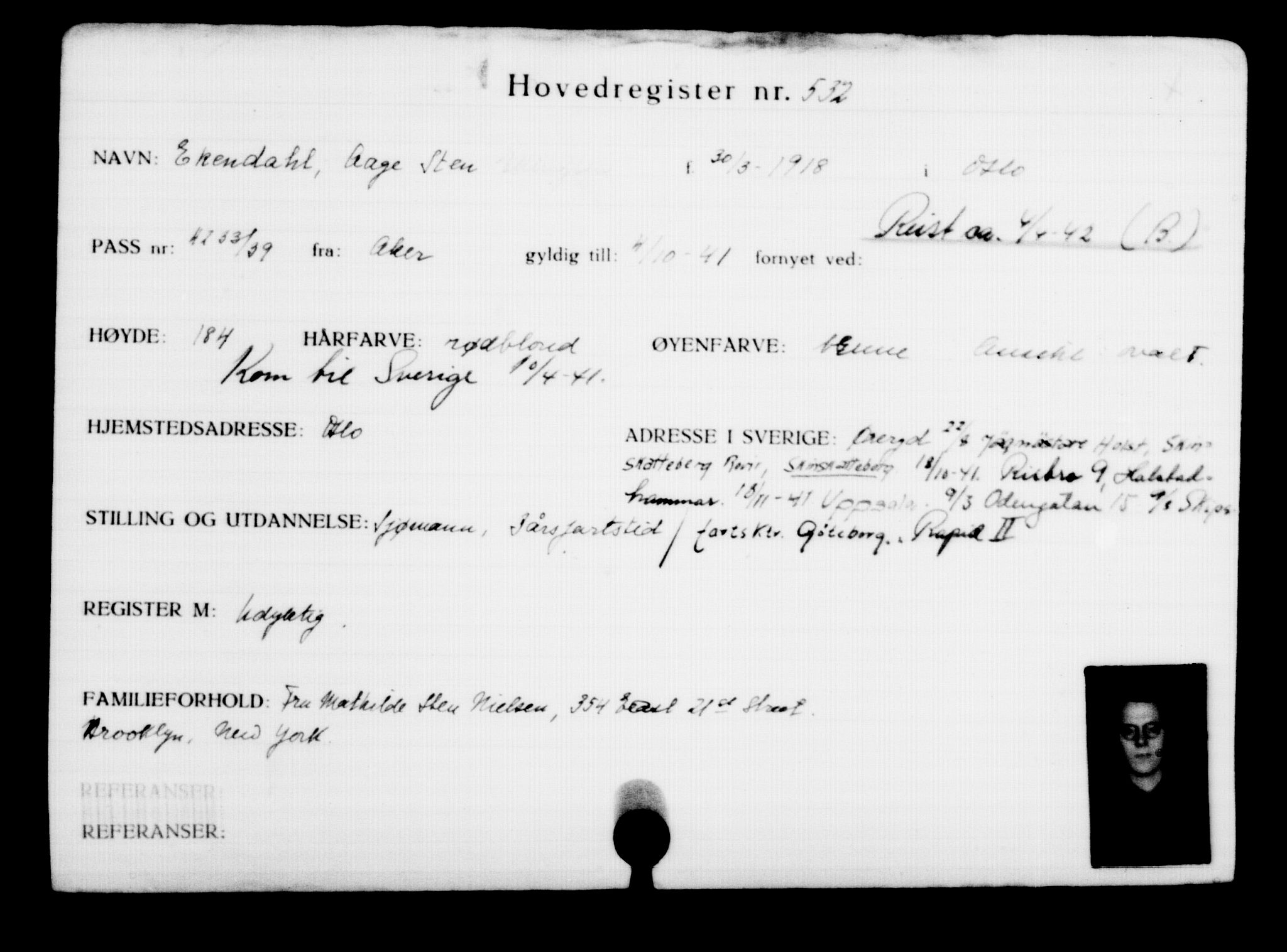 Utenriksstasjonene, Legasjonen i Stockholm, Flyktningkontoret, AV/RA-S-6753/V/Va/L0001: Kjesäterkartoteket, flyktninger med registreringsnr. 1-1000, 1940-1945, s. 824