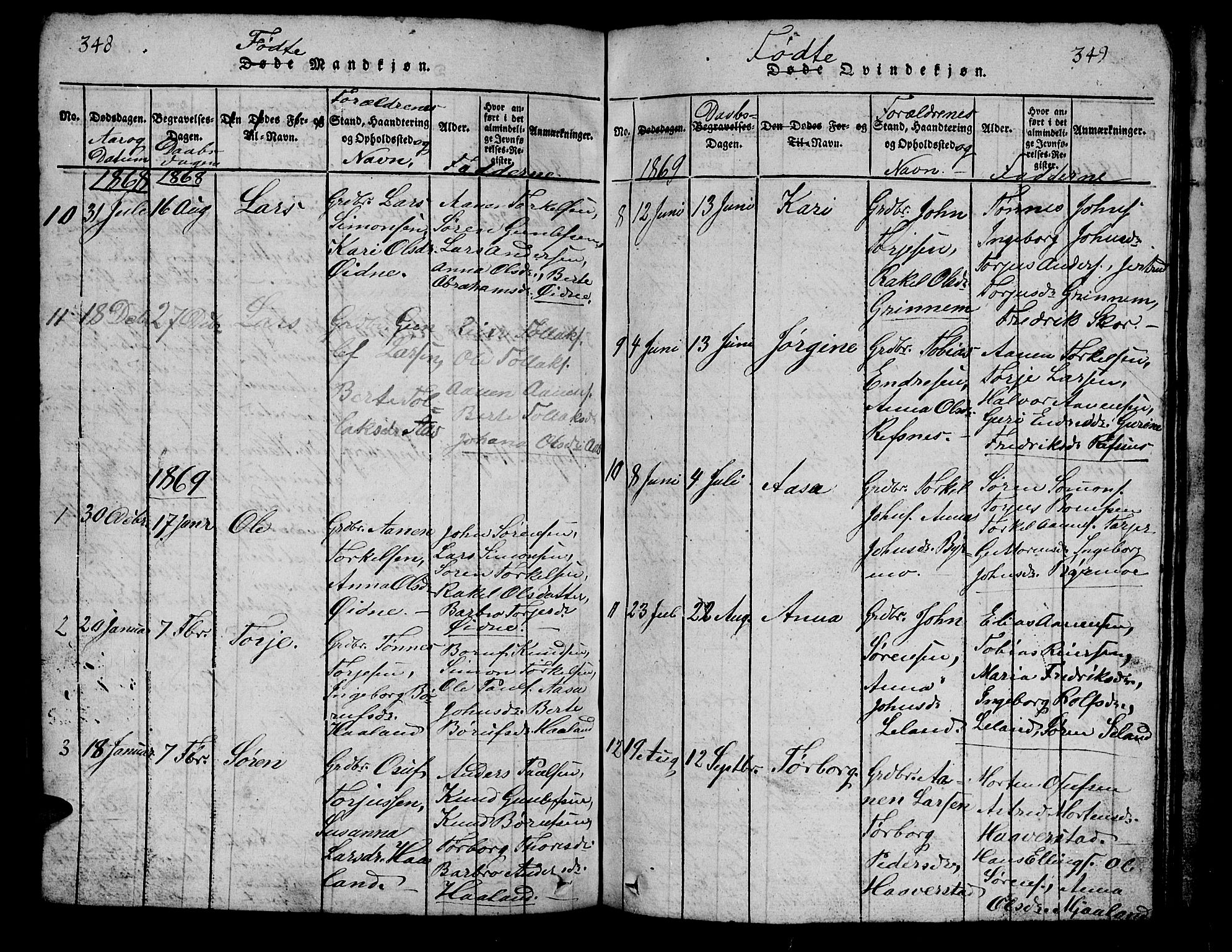 Bjelland sokneprestkontor, AV/SAK-1111-0005/F/Fb/Fbc/L0001: Klokkerbok nr. B 1, 1815-1870, s. 348-349