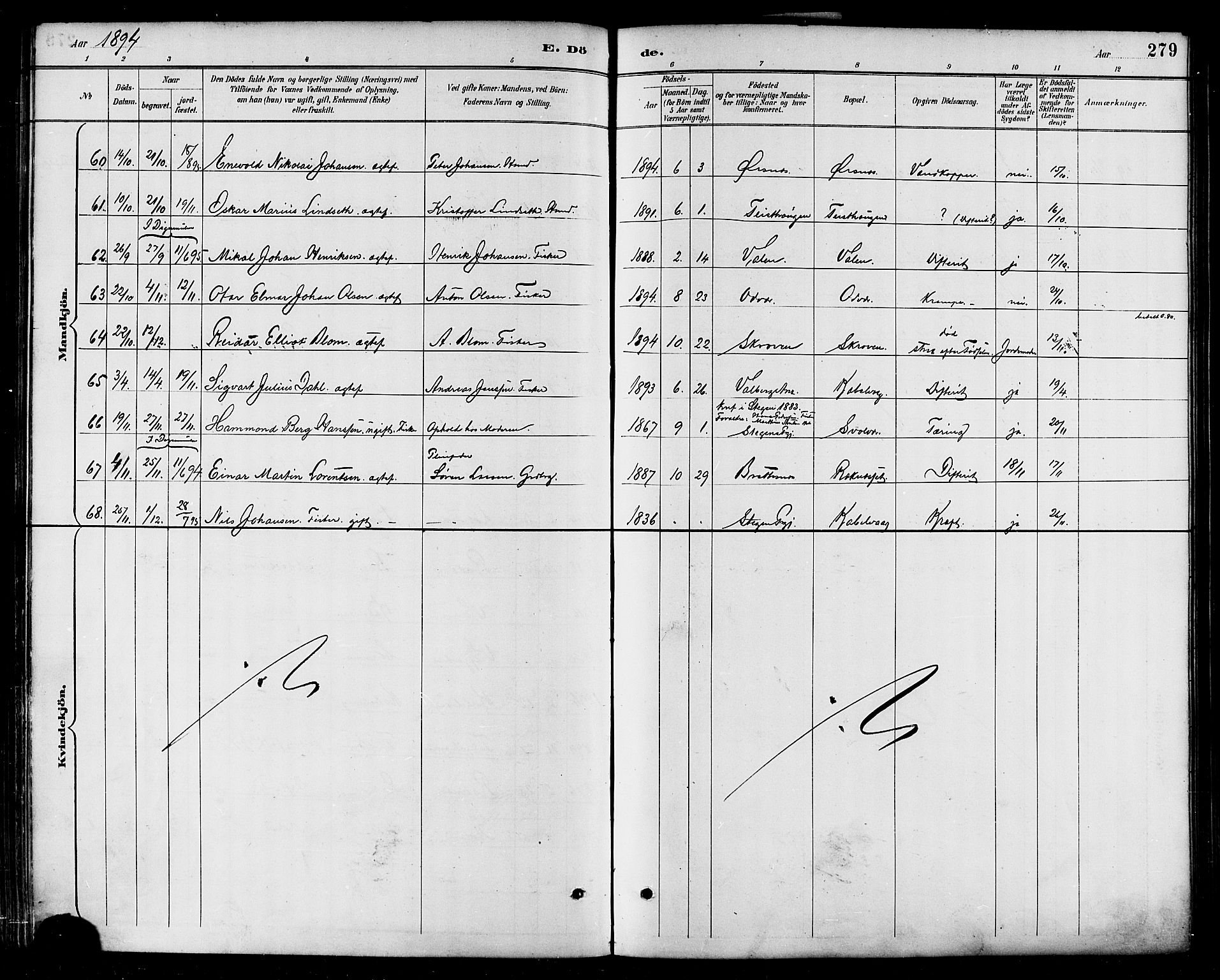 Ministerialprotokoller, klokkerbøker og fødselsregistre - Nordland, AV/SAT-A-1459/874/L1060: Ministerialbok nr. 874A04, 1890-1899, s. 279