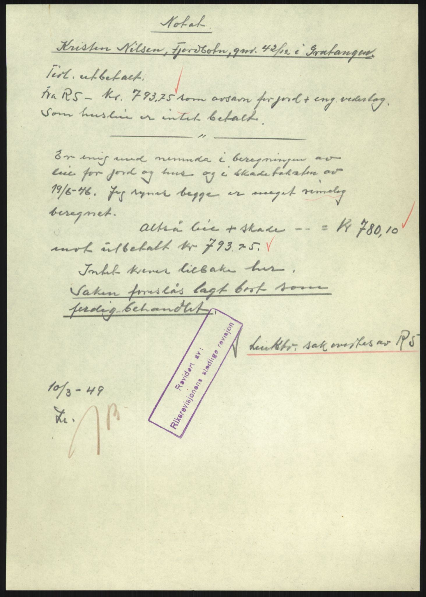 Forsvarsdepartementet, 10. kontor / Oppgjørskontoret, AV/RA-RAFA-1225/D/Dd/L0480: Troms, 1942-1953, s. 178