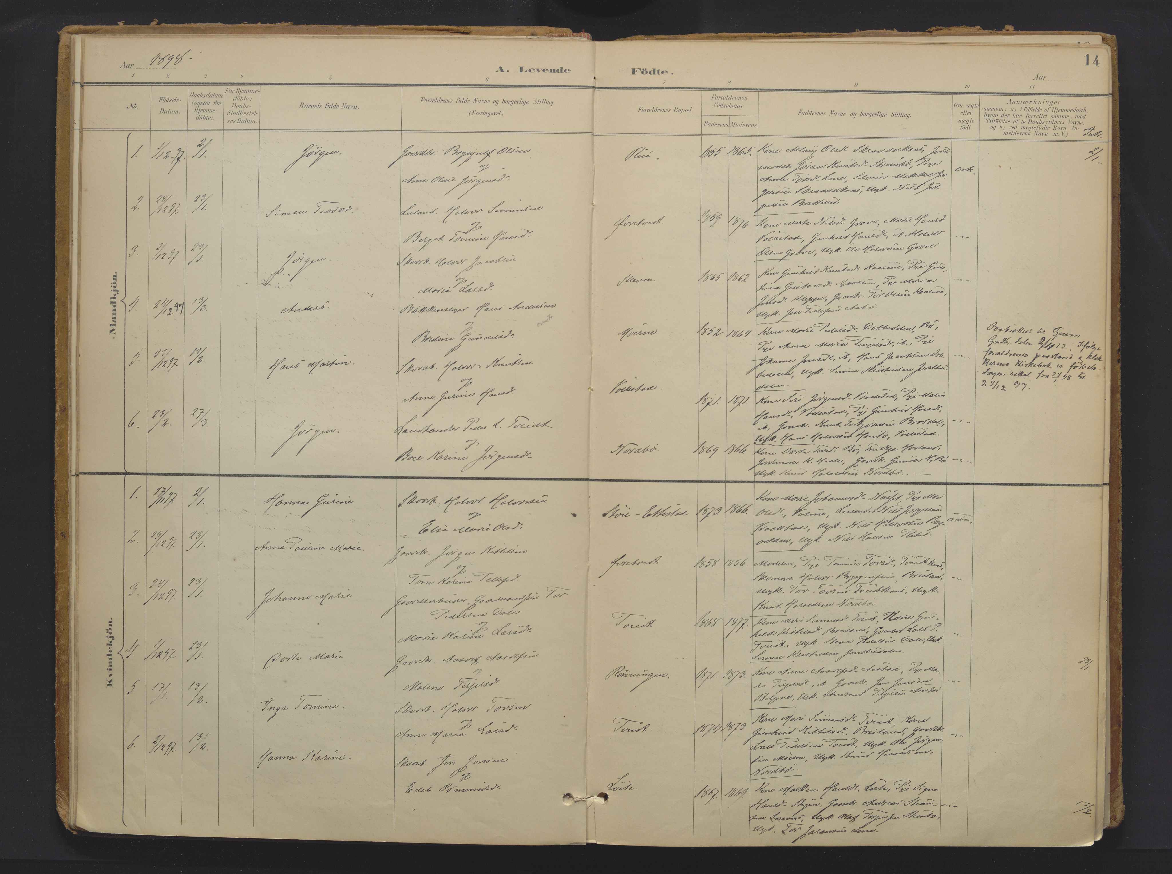 Drangedal kirkebøker, AV/SAKO-A-258/F/Fa/L0013: Ministerialbok nr. 13, 1895-1919, s. 14