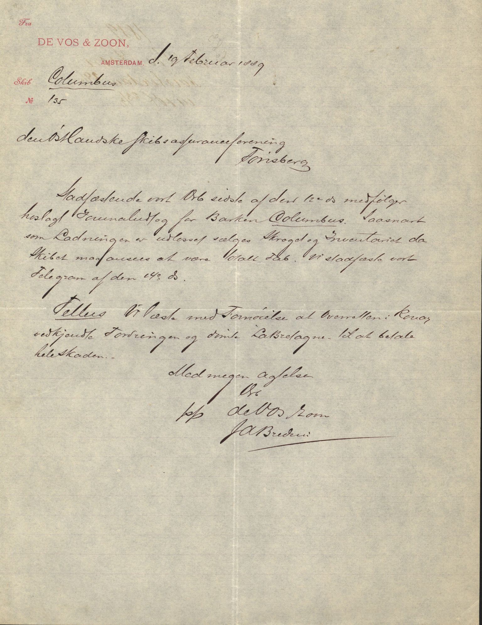 Pa 63 - Østlandske skibsassuranceforening, VEMU/A-1079/G/Ga/L0023/0012: Havaridokumenter / Columbus, Christiane Sophie, Marie, Jarlen, Kong Carl XV, 1889, s. 2